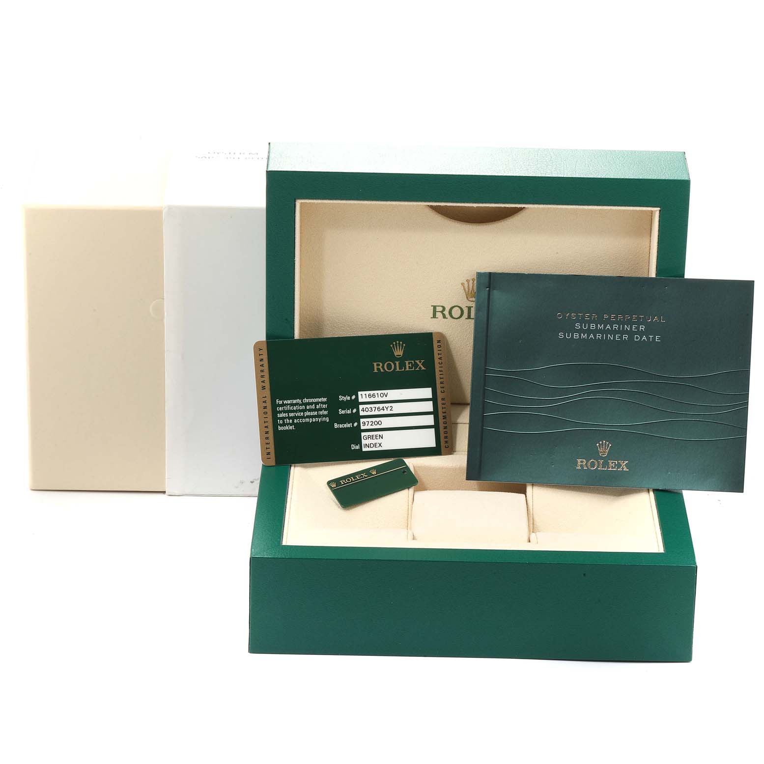 The image shows the packaging and accessories of a Rolex Submariner 116610LV Men's Stainless Steel Green Dial 116610LV Men's Stainless Steel Green Dial, including the box, warranty card, booklet, and tag.