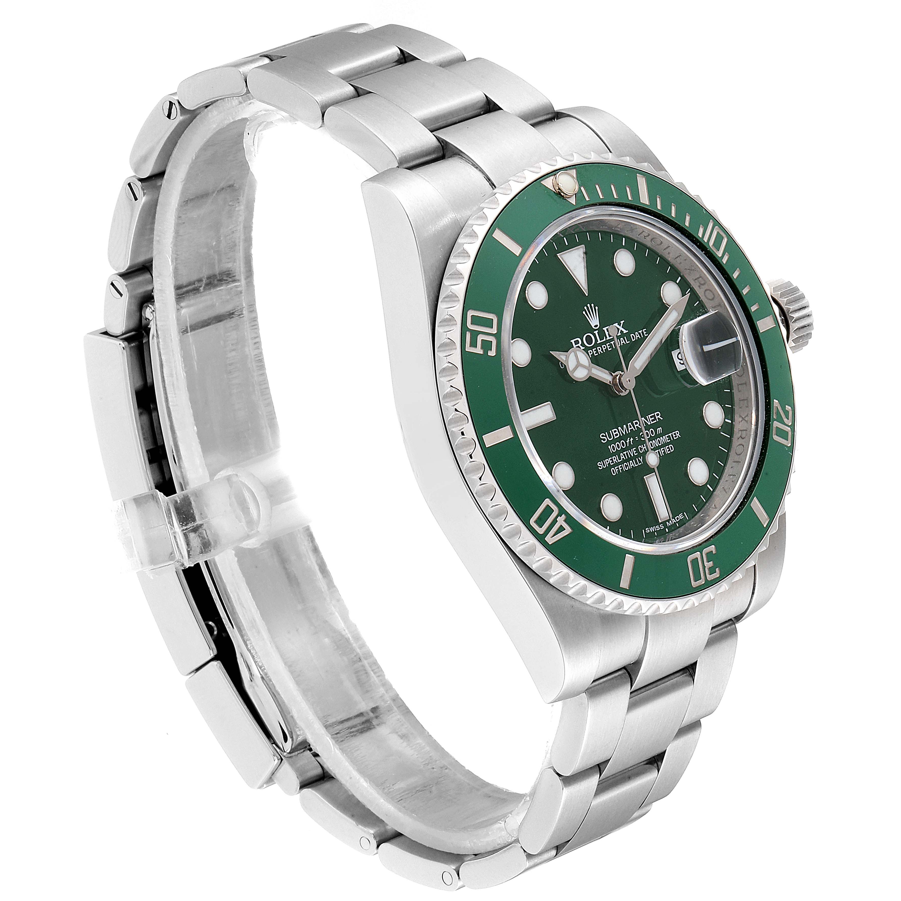 The image shows a side angle of the Rolex Submariner 116610LV Men's Stainless Steel Green Dial 116610LV Men's Stainless Steel Green Dial, highlighting its green bezel, dial, and stainless steel bracelet.