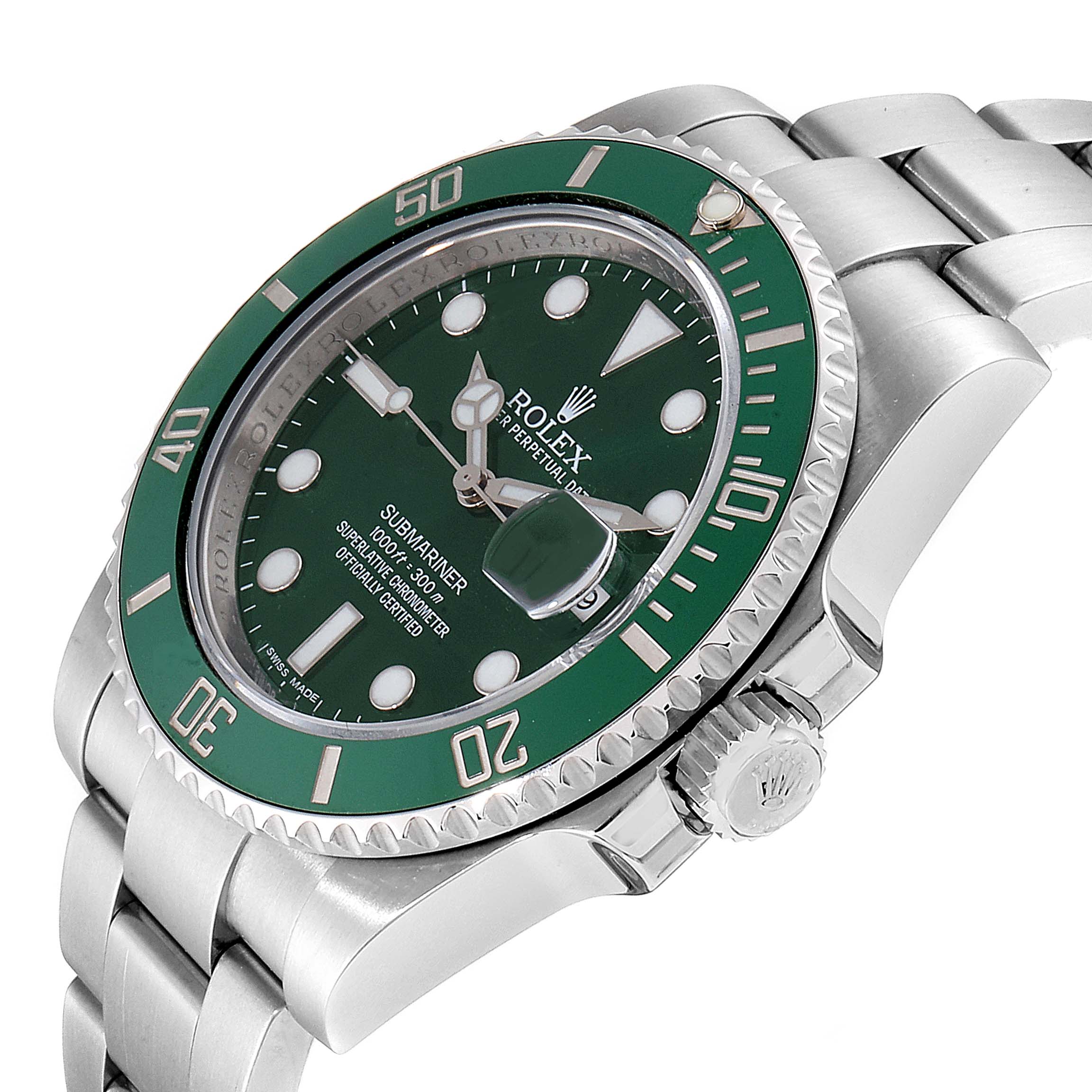 The image shows a Rolex Submariner 116610LV Men's Stainless Steel Green Dial 116610LV Men's Stainless Steel Green Dial watch at a slight angle, displaying the dial, bezel, crown, and bracelet.