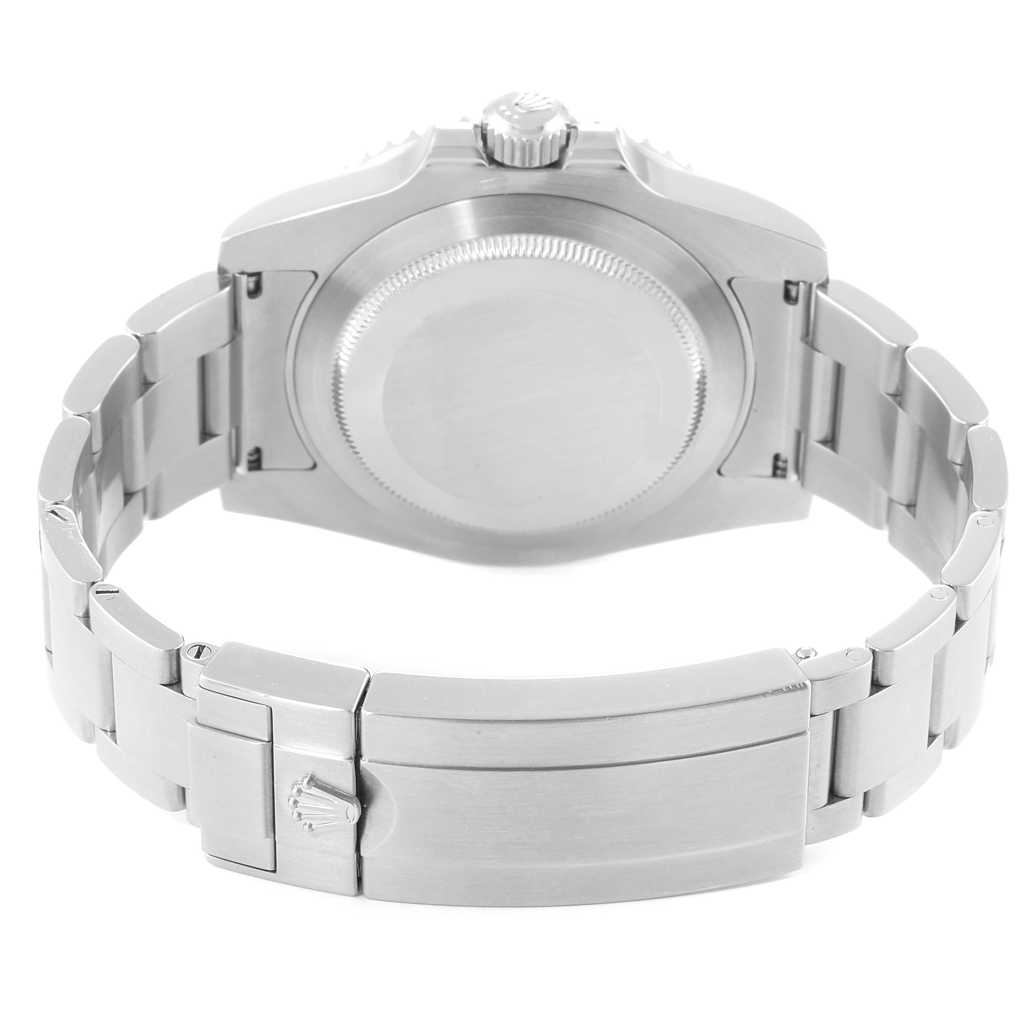 The image shows the back view of a Rolex Submariner 116610LV Men's Stainless Steel Green Dial 116610LV Men's Stainless Steel Green Dial watch, highlighting the case back, bracelet, and clasp.