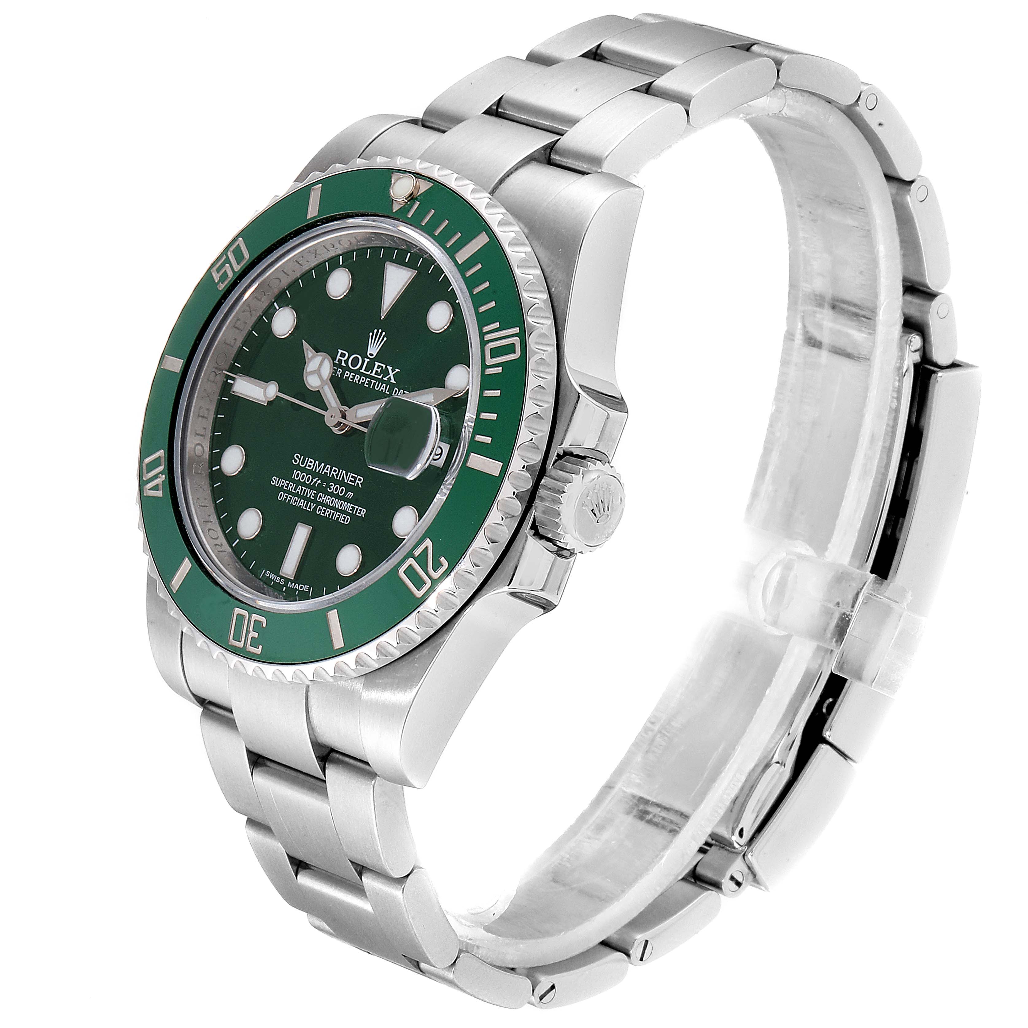 This image shows a Rolex Submariner 116610LV Men's Stainless Steel Green Dial 116610LV Men's Stainless Steel Green Dial watch angled from the front-left, featuring the bezel, face, and stainless steel bracelet.