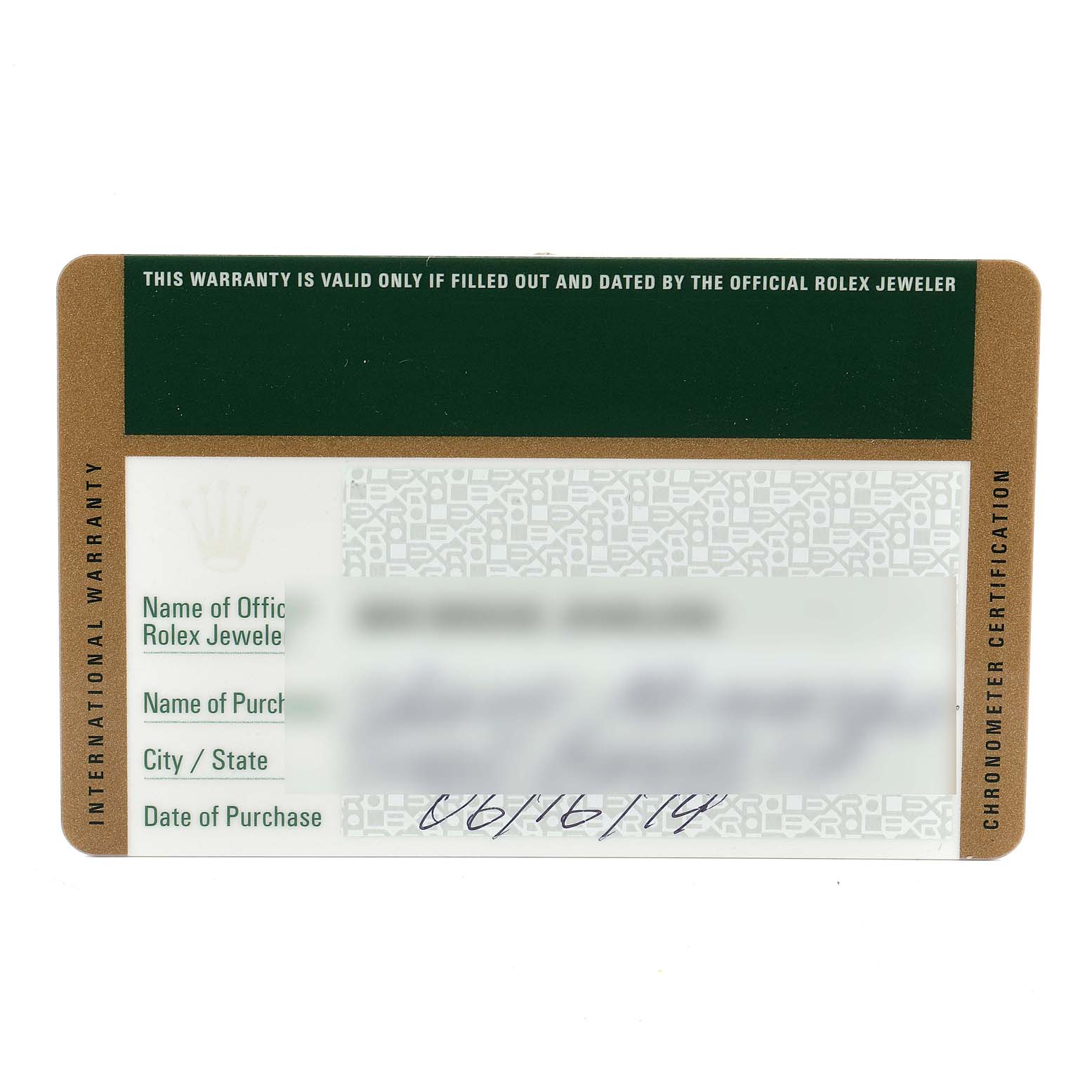 This image shows an International Warranty card for the Rolex Submariner 116610LV Men's Stainless Steel Green Dial 116610LV Men's Stainless Steel Green Dial.