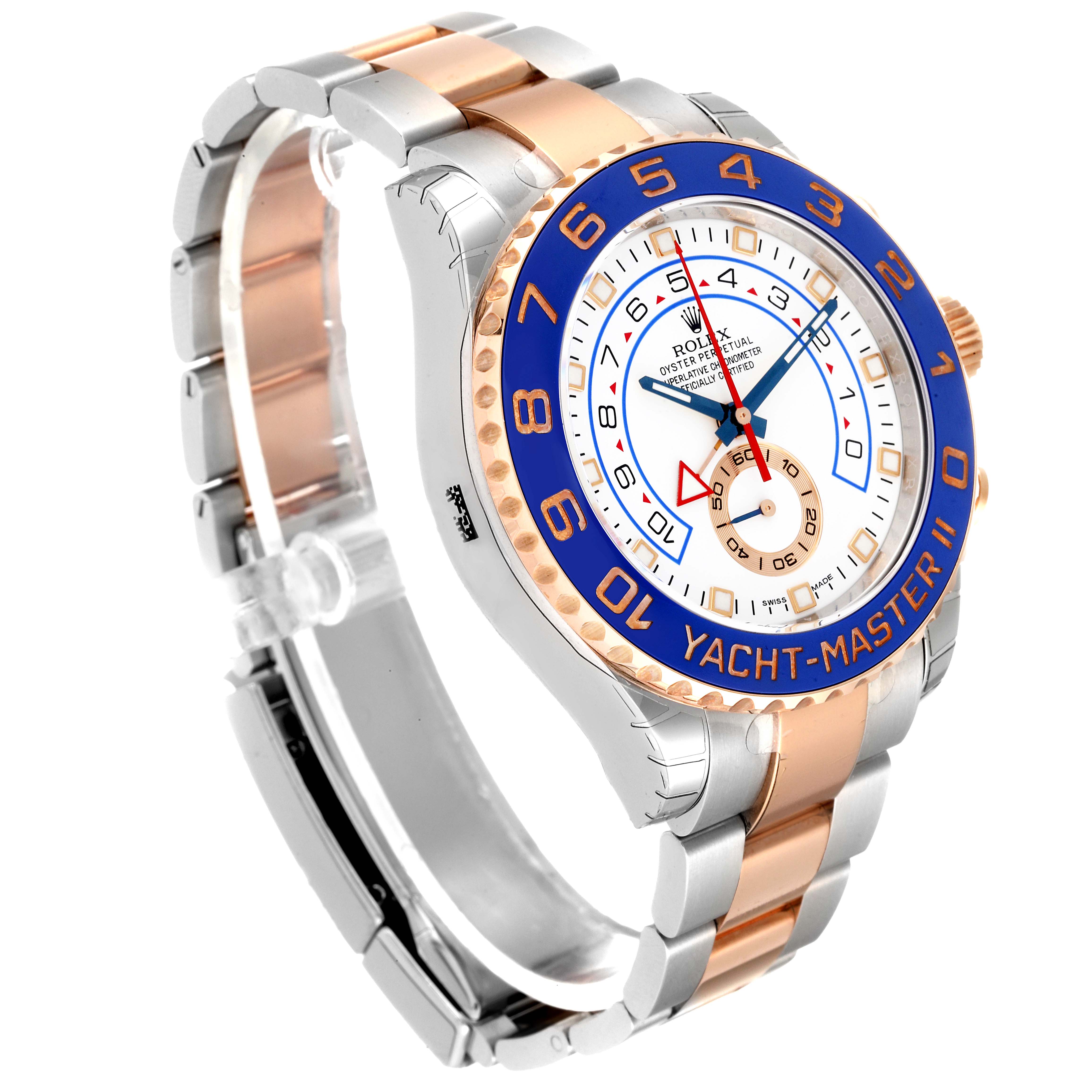 The Rolex Yacht-Master 116681 Men's Steel and Gold (two tone) White Dial 116681 Men's Steel and Gold (two tone) White Dial watch is shown at a three-quarter angle, displaying its two-tone bracelet, bezel, and white dial.