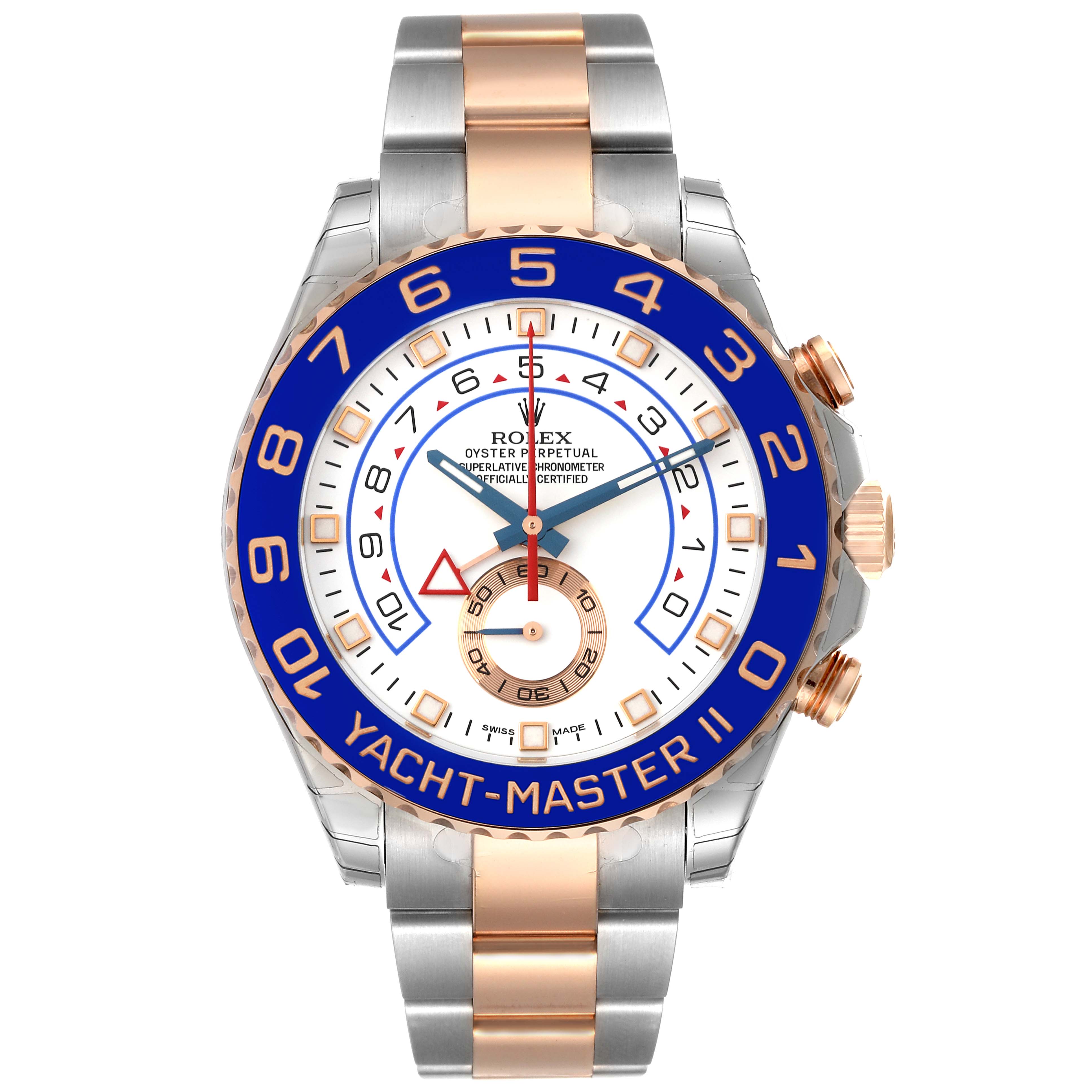 This image shows a front view of a Rolex Yacht-Master 116681 Men's Steel and Gold (two tone) White Dial 116681 Men's Steel and Gold (two tone) White Dial II watch with a blue bezel and a two-tone bracelet.