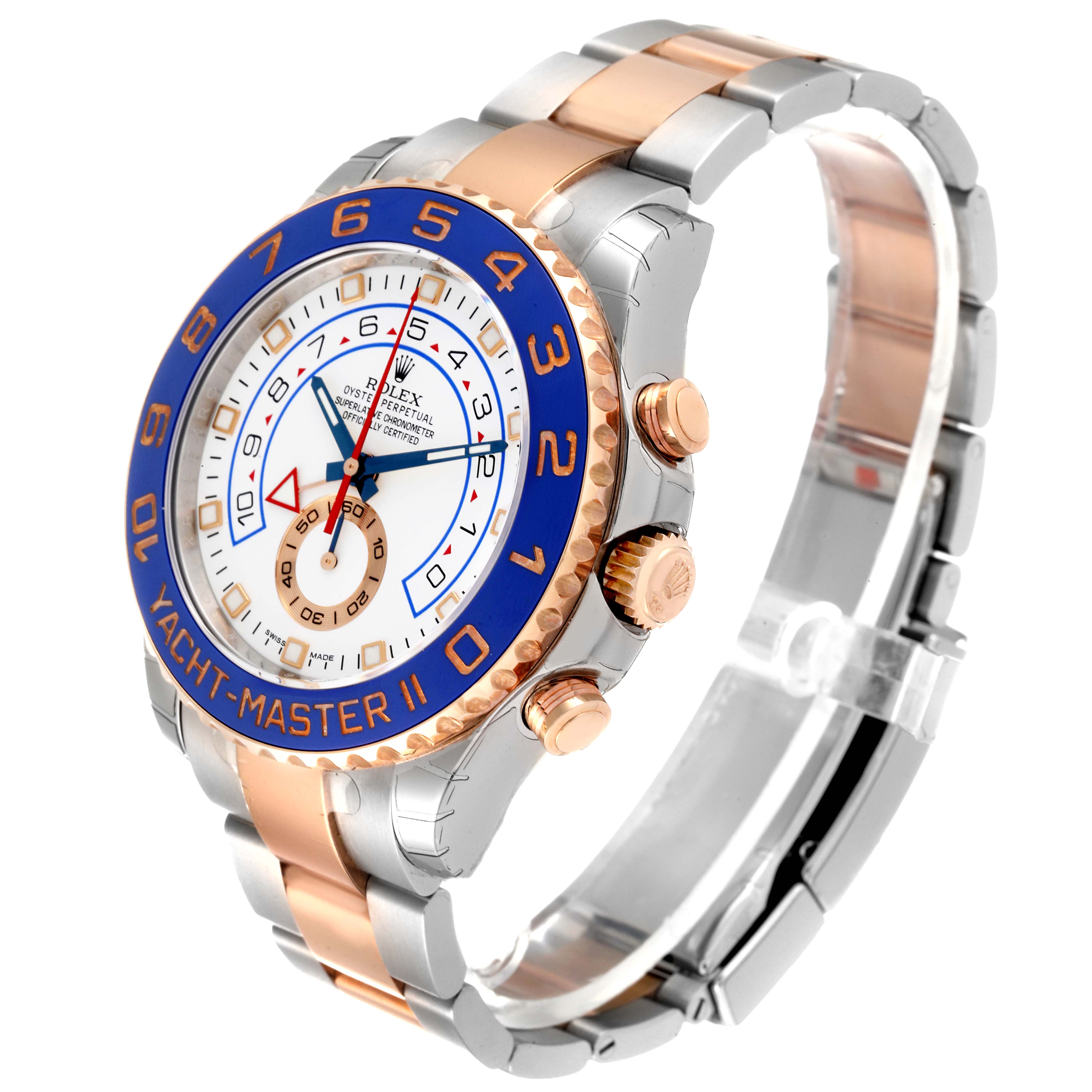 The Rolex Yacht-Master 116681 Men's Steel and Gold (two tone) White Dial 116681 Men's Steel and Gold (two tone) White Dial watch is shown at an angled view displaying its dial, bezel, and part of the metallic bracelet.