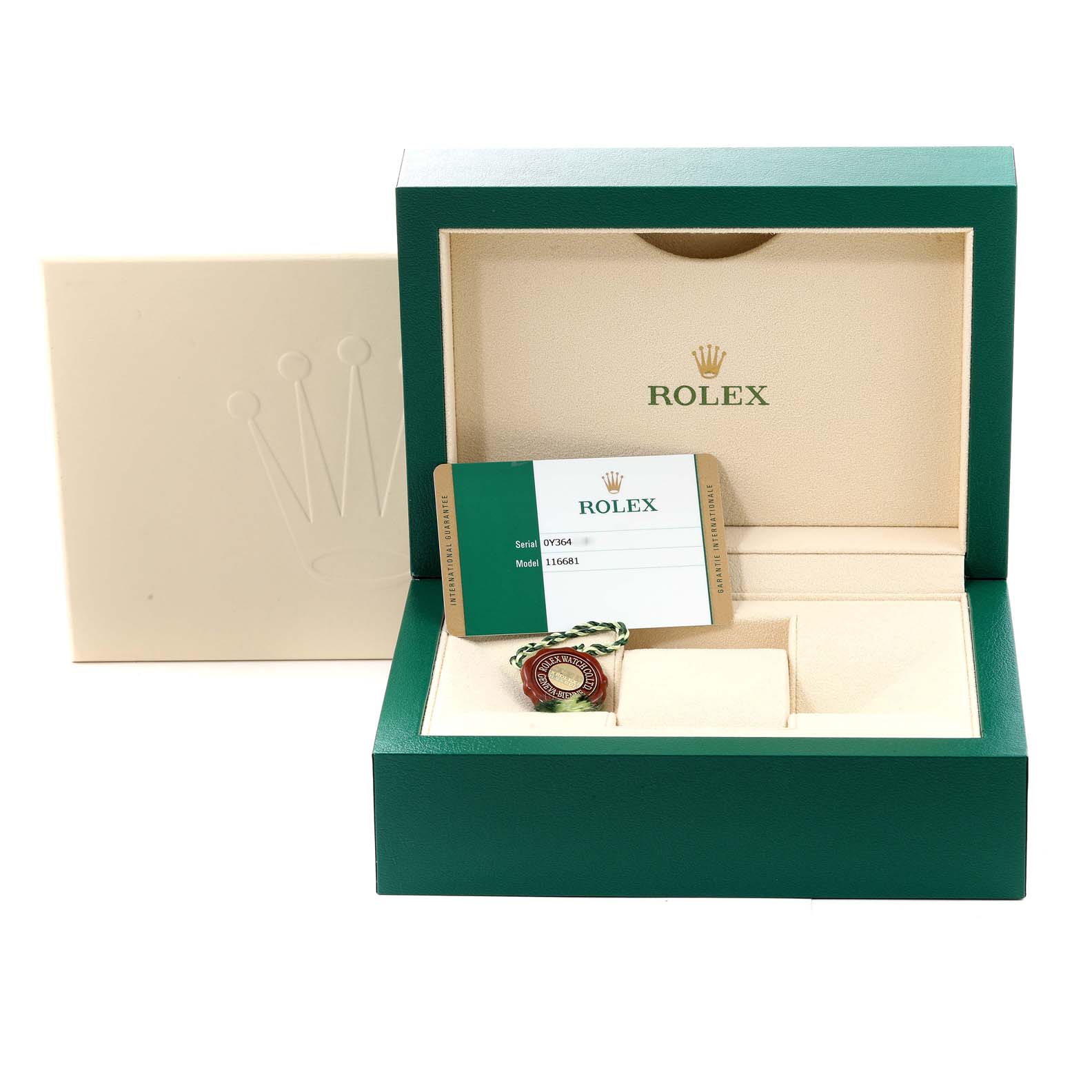 The image shows a Rolex Yacht-Master 116681 Men's Steel and Gold (two tone) White Dial 116681 Men's Steel and Gold (two tone) White Dial watch box, guarantee card, and a tag from a front angle.