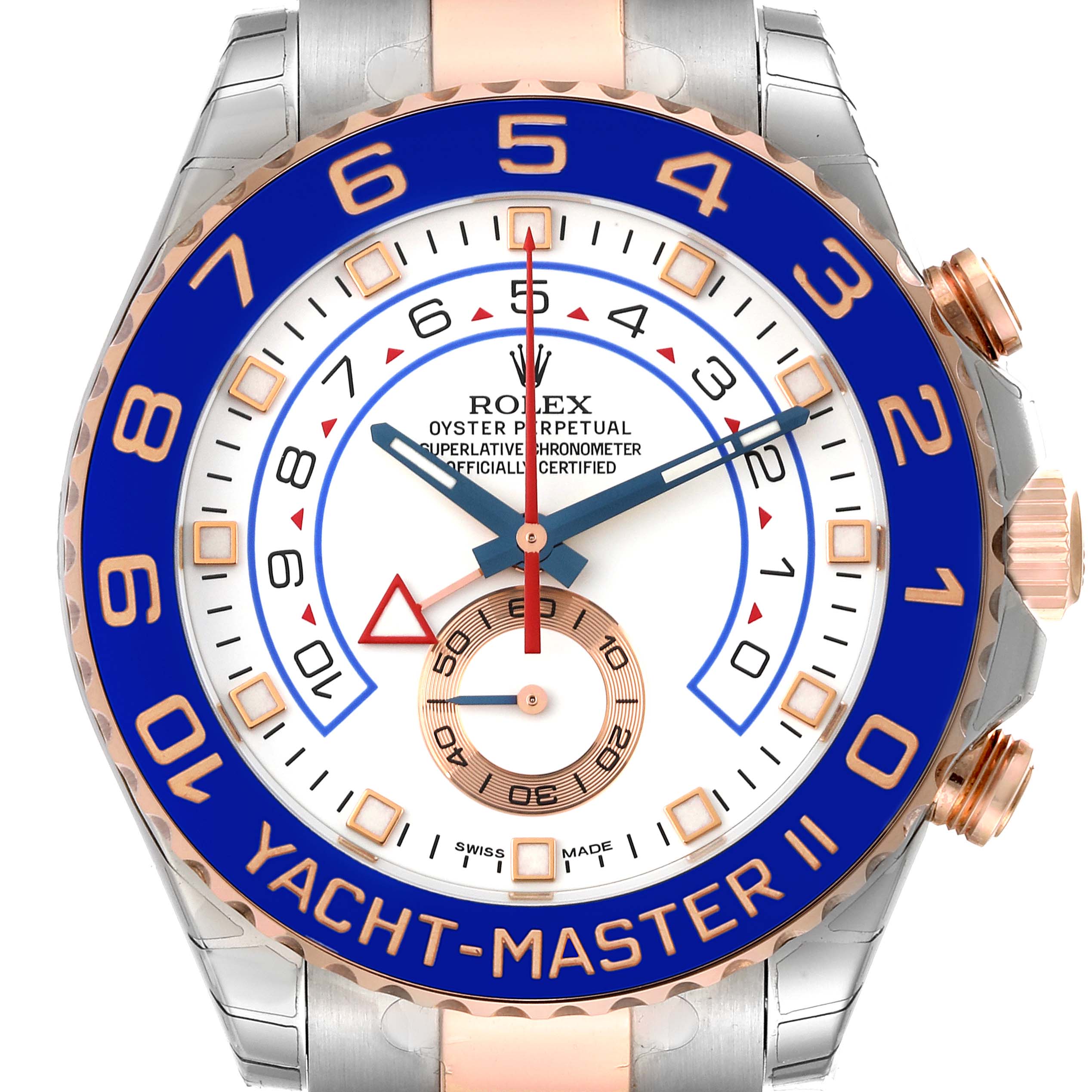 The image shows a frontal view of a Rolex Yacht-Master 116681 Men's Steel and Gold (two tone) White Dial 116681 Men's Steel and Gold (two tone) White Dial watch face, highlighting the bezel, dial, and hands.