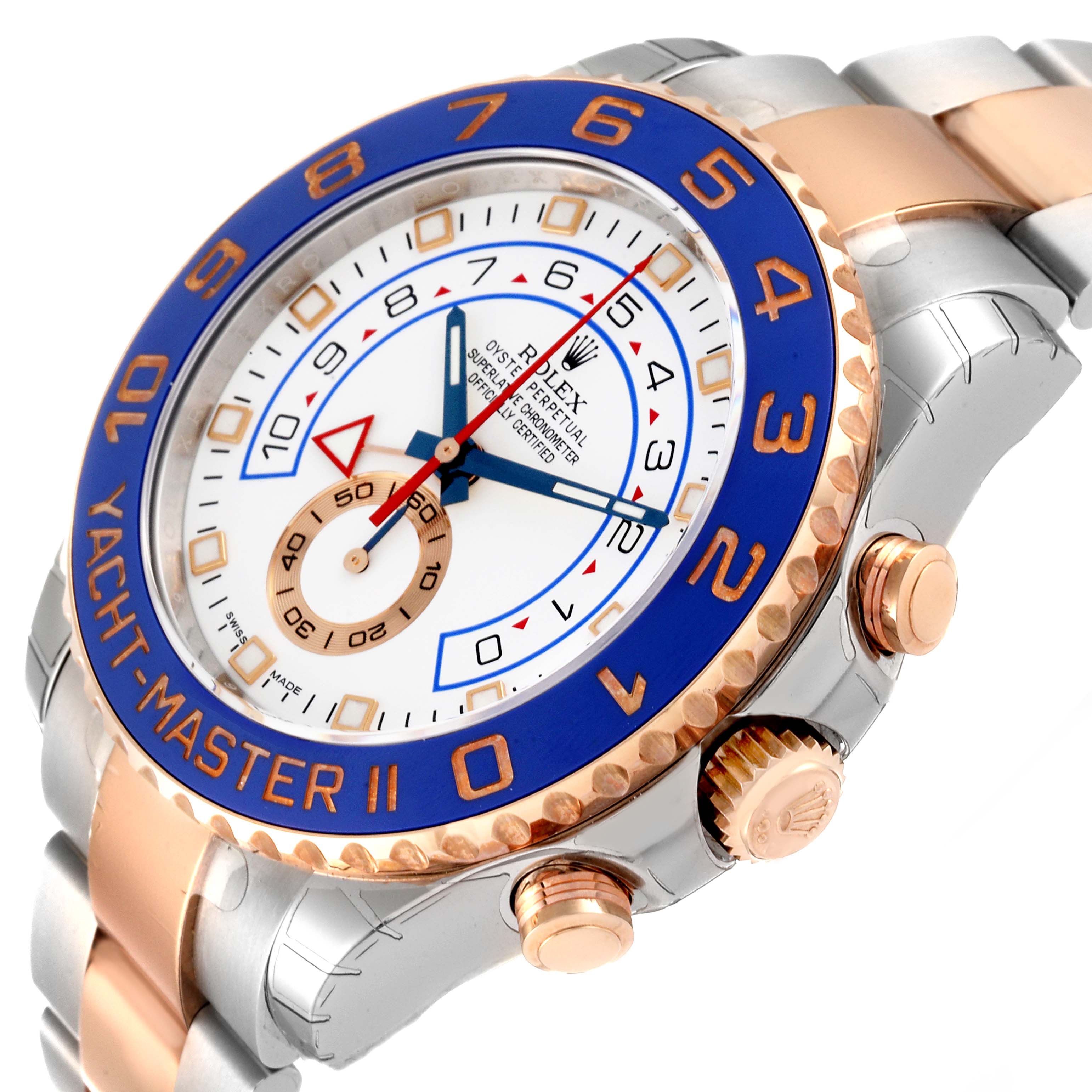 The image shows a close-up angle of the Rolex Yacht-Master 116681 Men's Steel and Gold (two tone) White Dial 116681 Men's Steel and Gold (two tone) White Dial II, highlighting the face, bezel, and crown.
