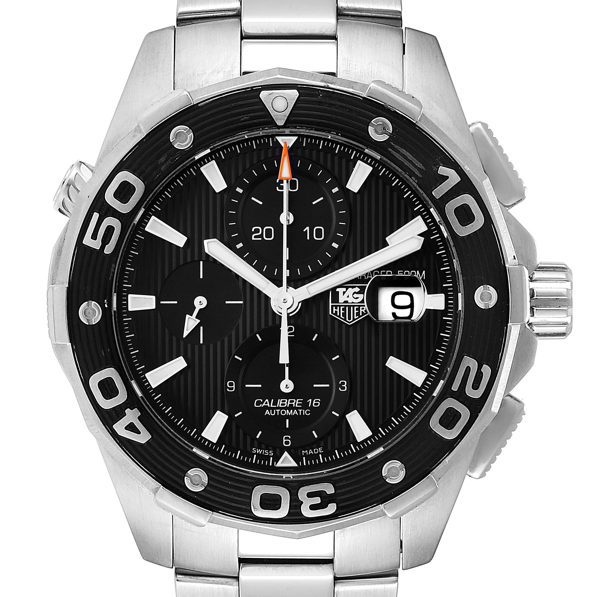 The image shows a front view of a Tag Heuer Aquaracer CAJ2110.BA0872 Men
s Stainless Steel Black Dial CAJ2110.BA0872 Men
s Stainless Steel Black Dial watch, featuring its bezel, dial, crown, and bracelet.