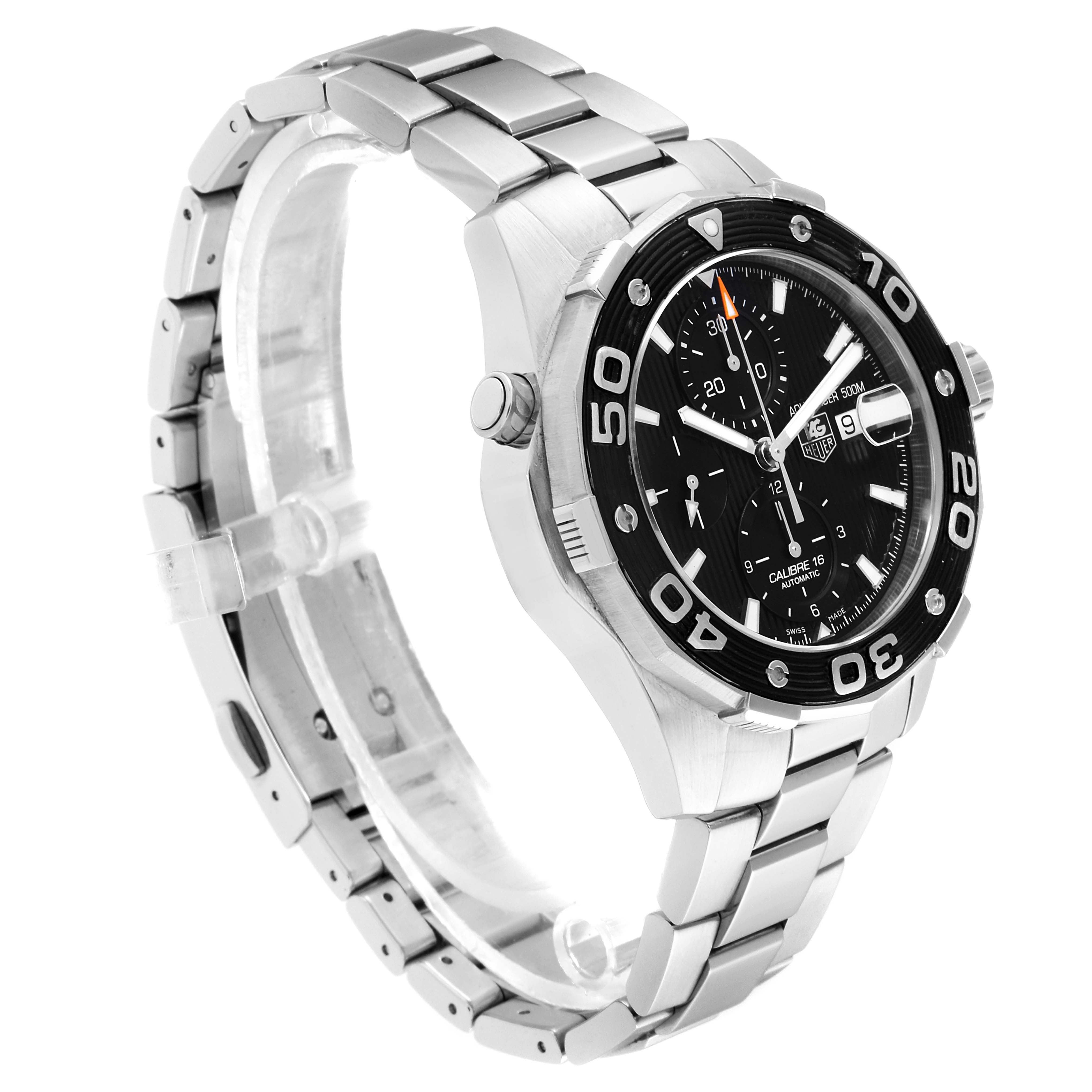 The image displays a Tag Heuer Aquaracer CAJ2110.BA0872 Men
s Stainless Steel Black Dial CAJ2110.BA0872 Men
s Stainless Steel Black Dial watch at a three-quarter angle, showcasing the dial, bezel, case, bracelet, and crown.