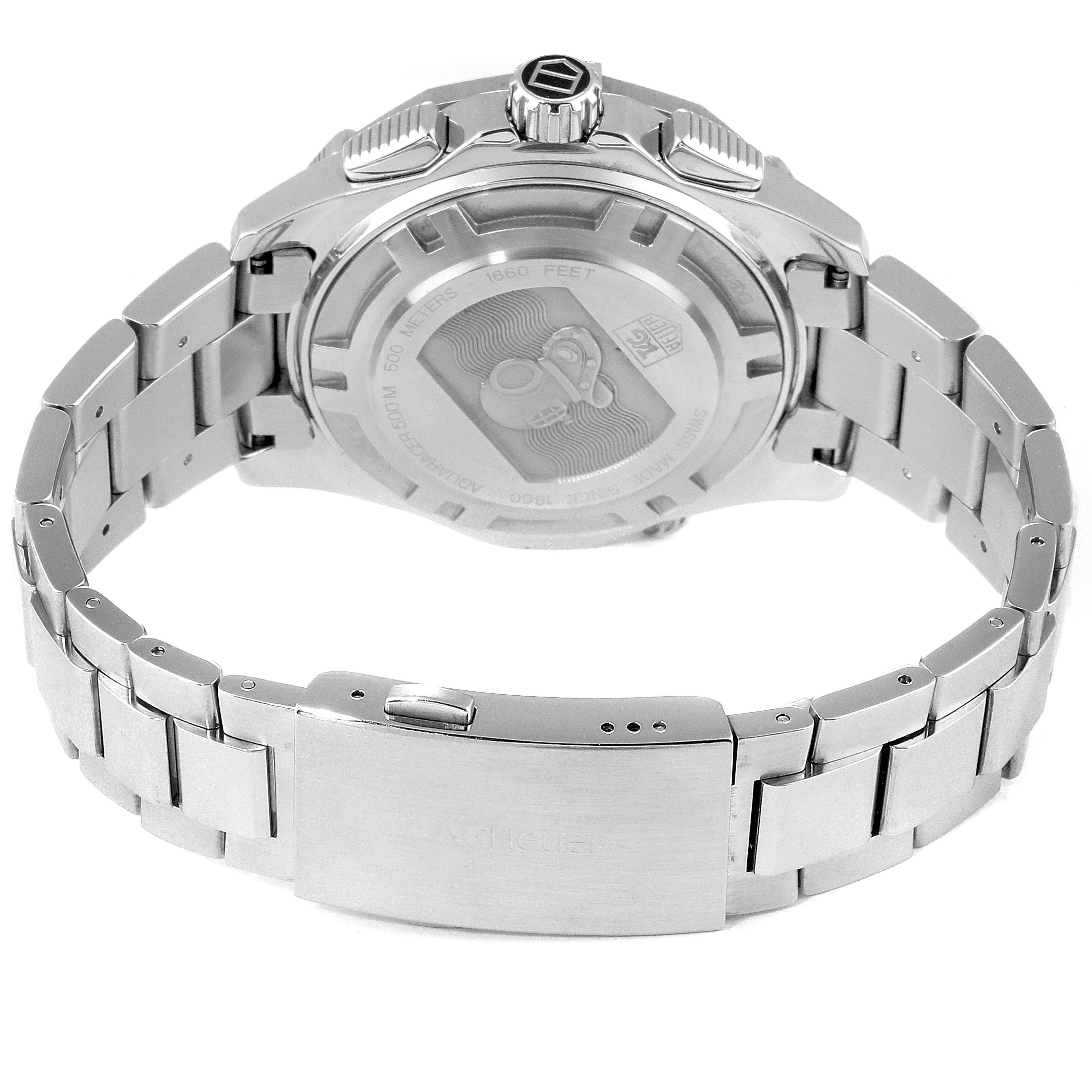 This image shows the back and bracelet of the Tag Heuer Aquaracer CAJ2110.BA0872 Men
s Stainless Steel Black Dial CAJ2110.BA0872 Men
s Stainless Steel Black Dial watch, displaying its clasp and caseback.