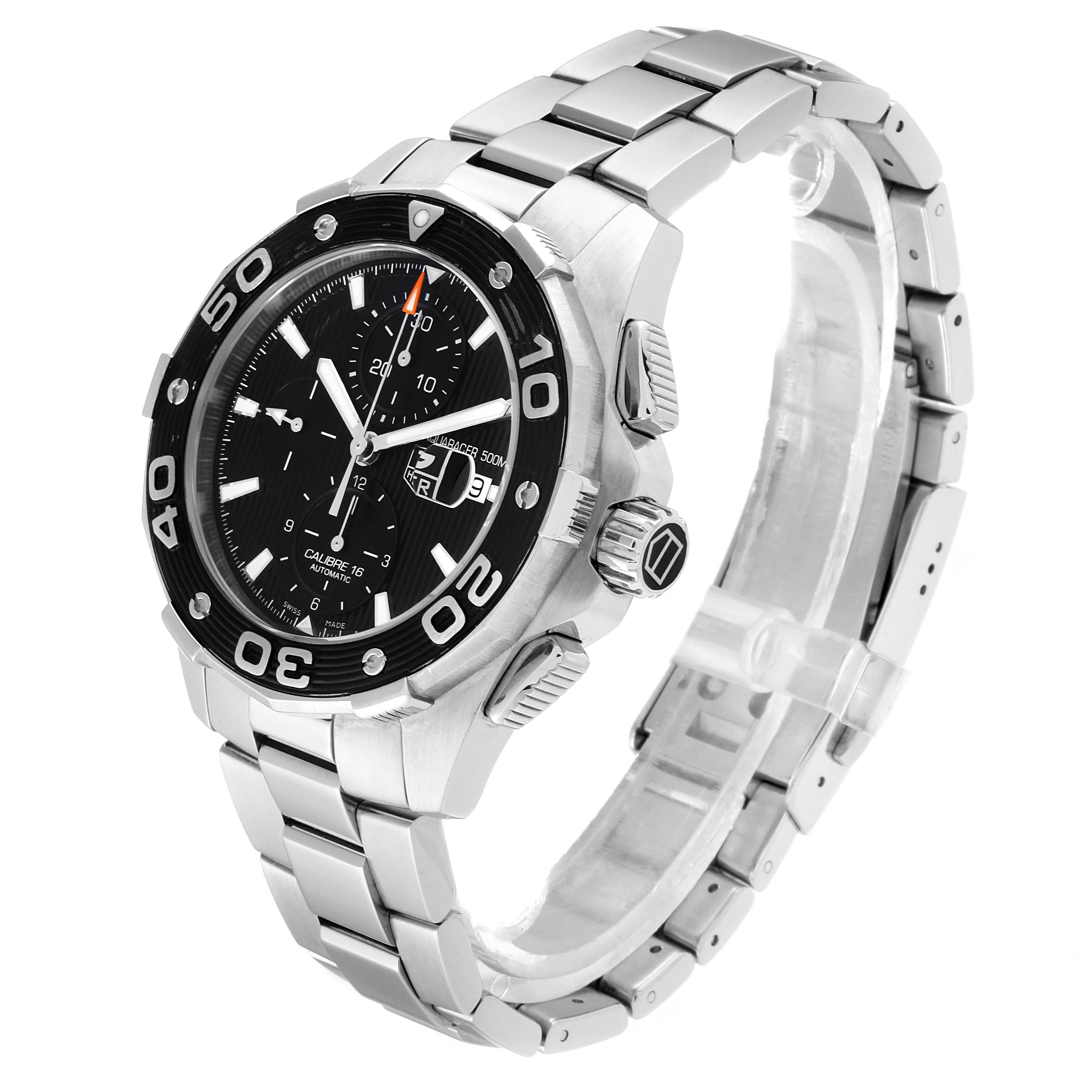 The image shows a Tag Heuer Aquaracer CAJ2110.BA0872 Men
s Stainless Steel Black Dial CAJ2110.BA0872 Men
s Stainless Steel Black Dial watch at a three-quarter angle, displaying its face, bezel, case, crown, and metal bracelet.