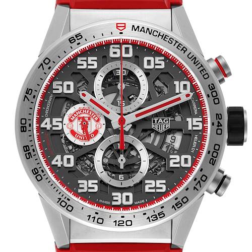 The Tag Heuer Carrera CAR201M Men's Stainless Steel Silver Dial watch is shown from the front, highlighting the dial, subdials, and Manchester United branding.