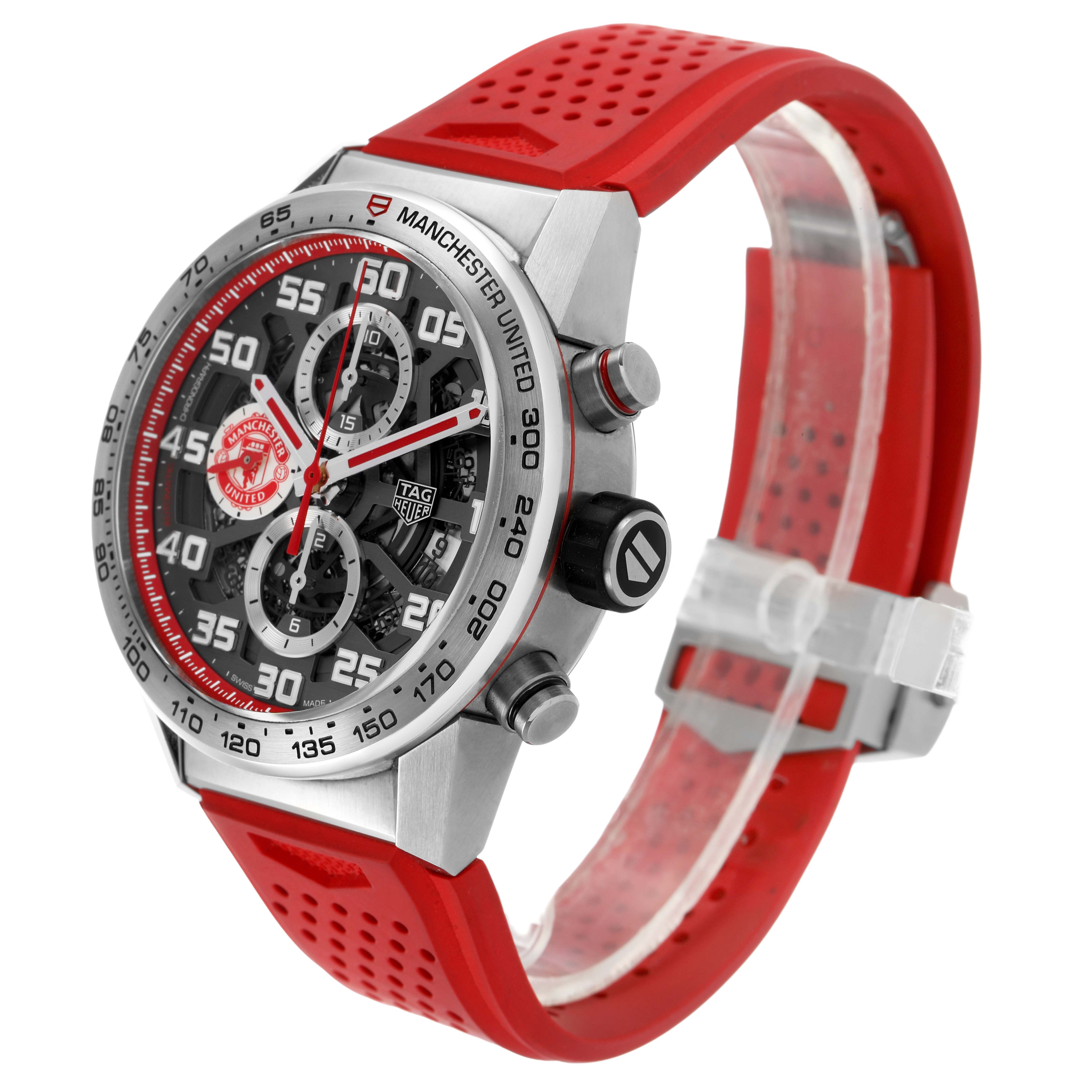 The Tag Heuer Carrera CAR201M Men's Stainless Steel Silver Dial watch is shown at a slight angle, displaying the face, bezel, crown, and red strap.