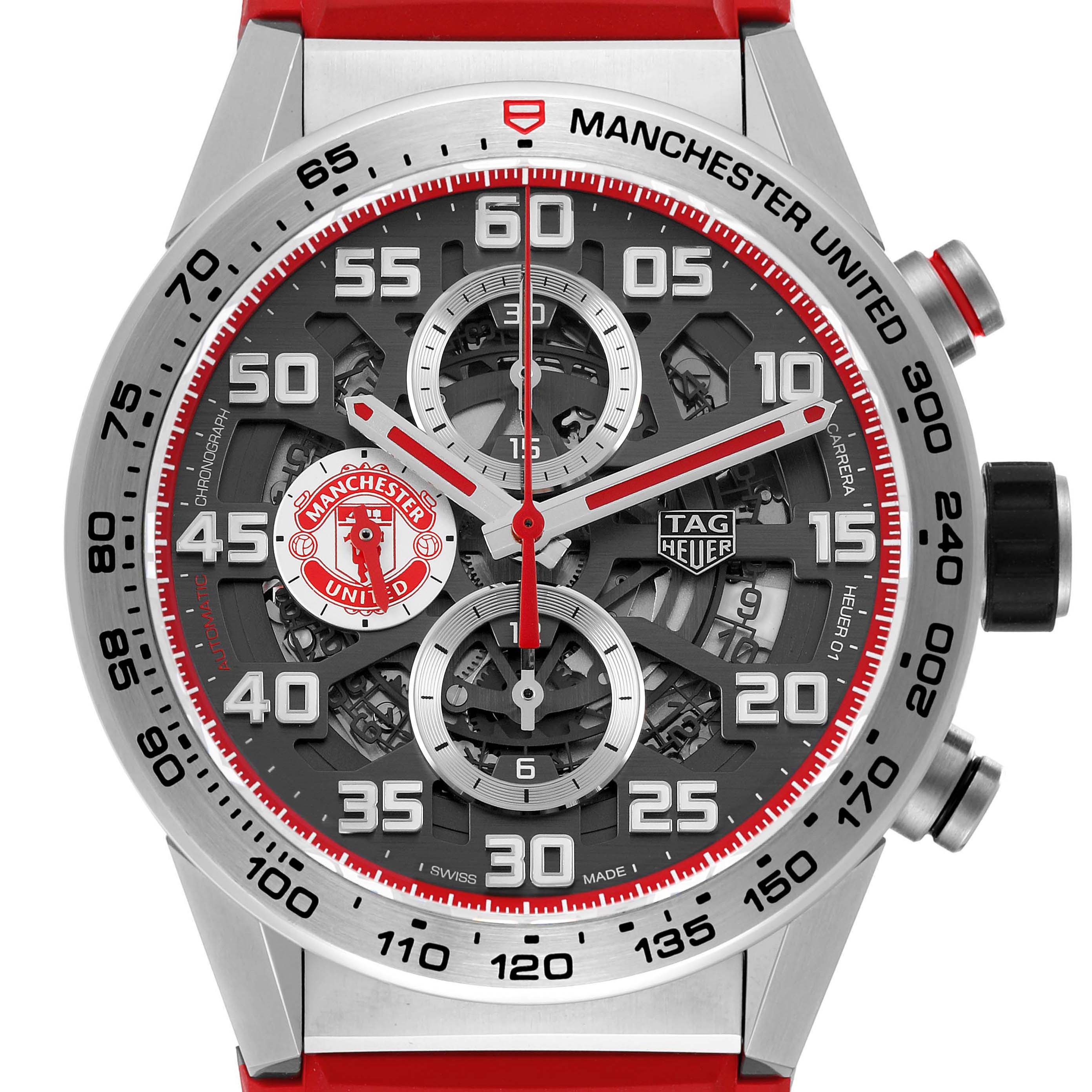 The Tag Heuer Carrera CAR201M Men's Stainless Steel Silver Dial watch is shown from a front angle, displaying the detailed dial and chronograph features.