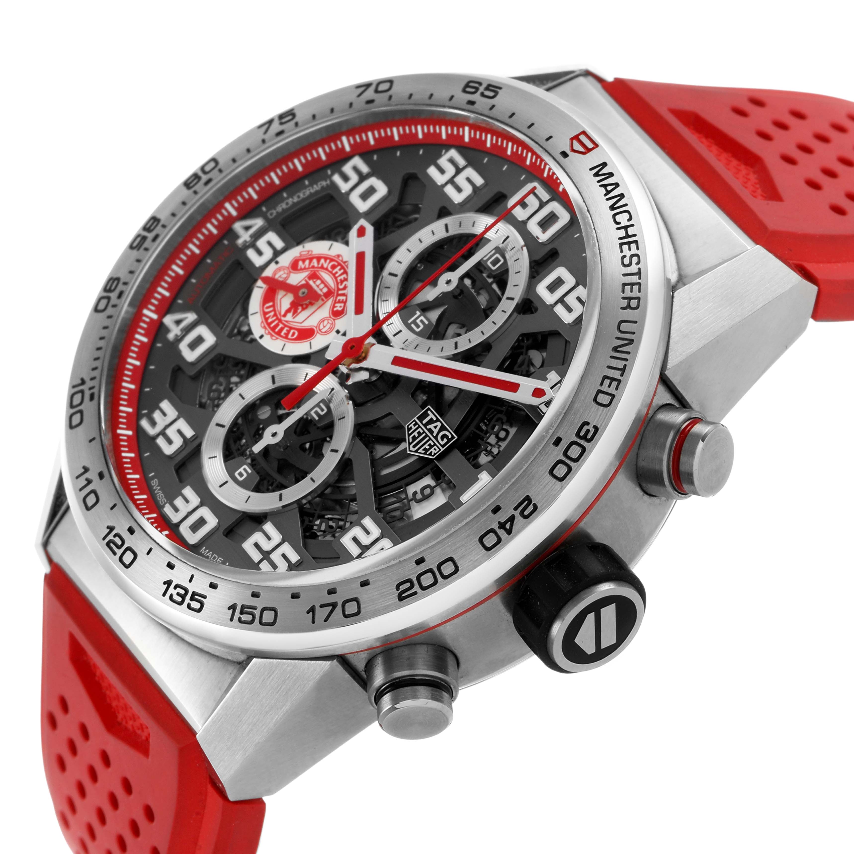The Tag Heuer Carrera CAR201M Men's Stainless Steel Silver Dial watch is shown from a front angle highlighting the dial, side buttons, and red strap.