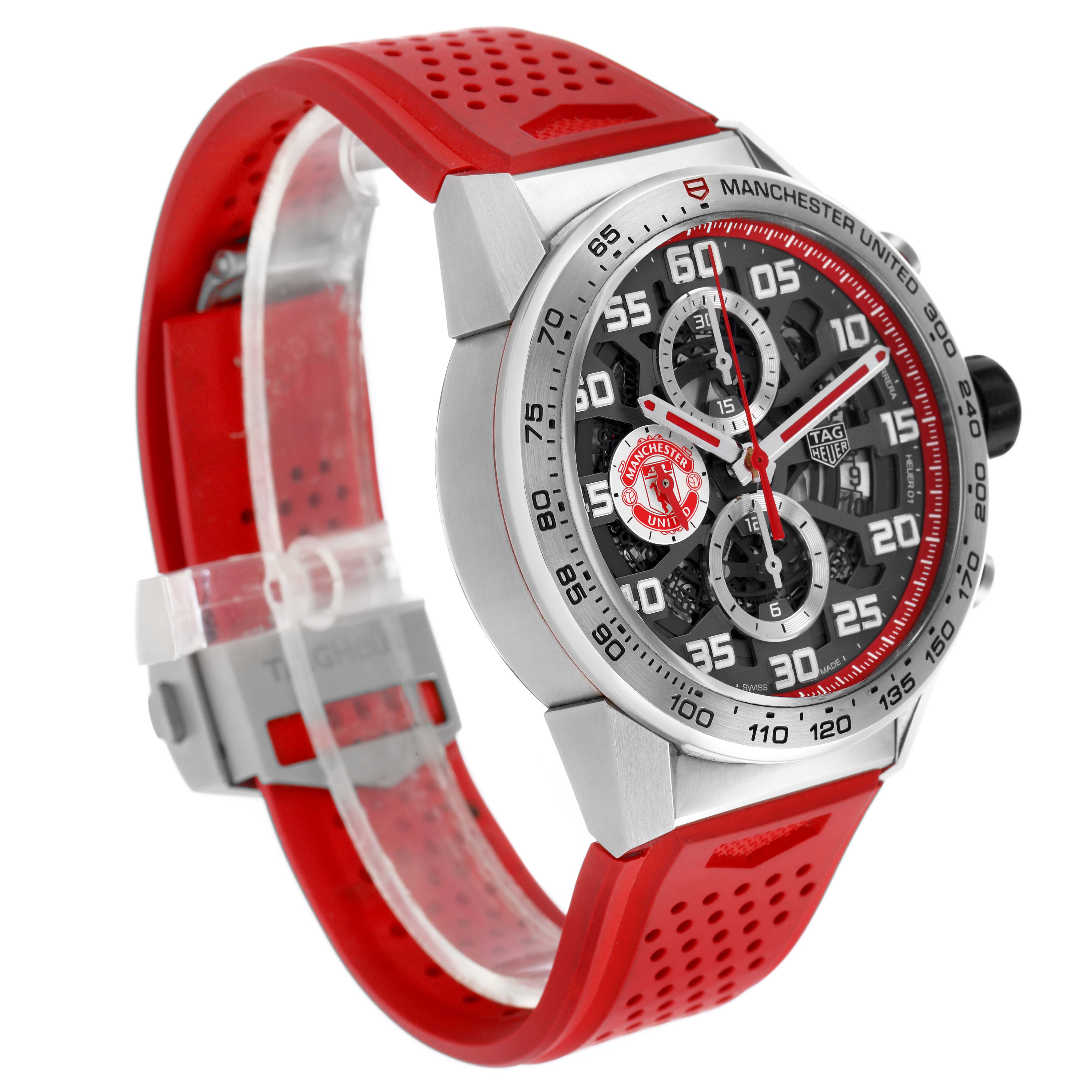 The Tag Heuer Carrera CAR201M Men's Stainless Steel Silver Dial watch is shown at a slight angle, highlighting its red strap, dial, and bezel details.