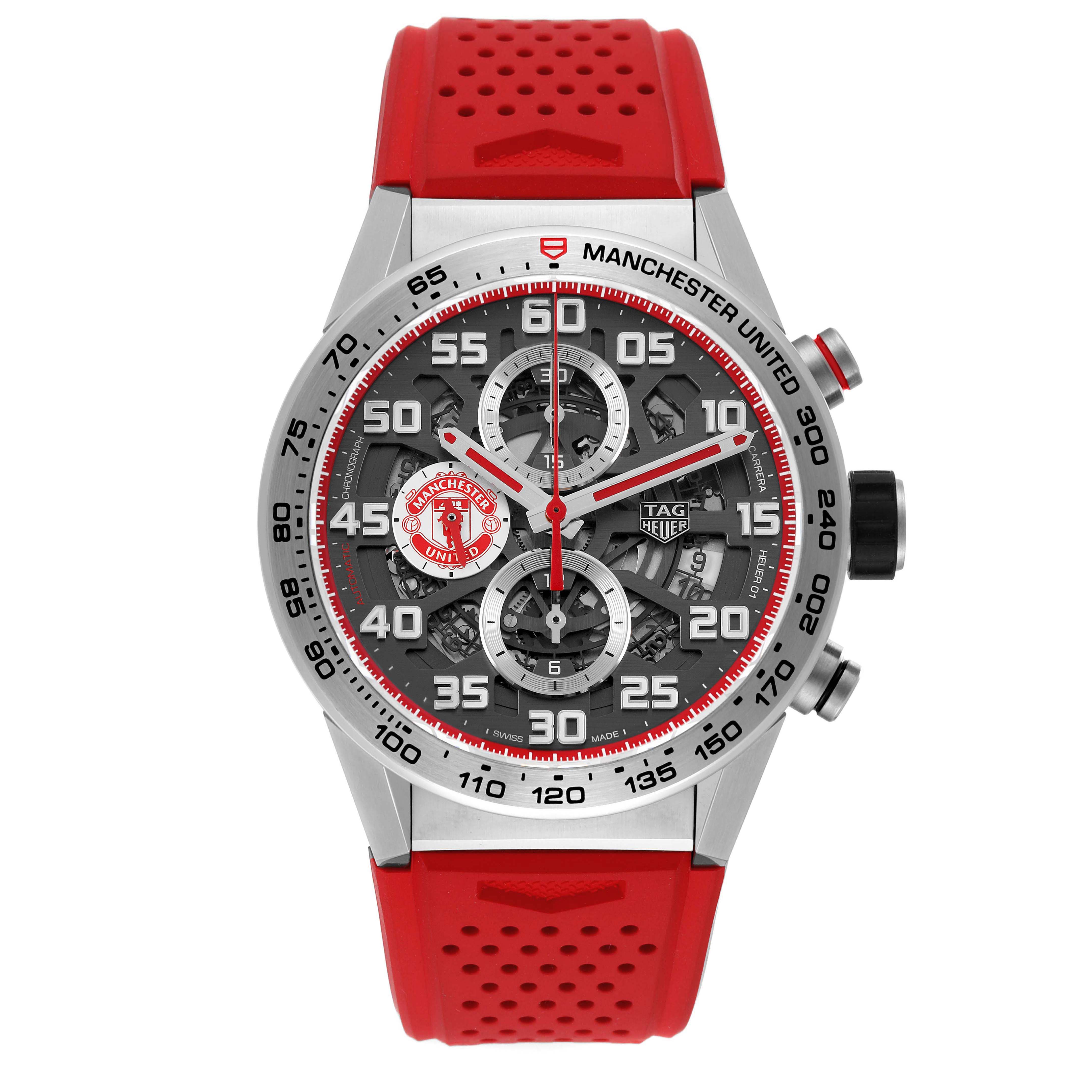 The Carrera model by Tag Heuer is shown from a front angle, featuring its dial and red strap.