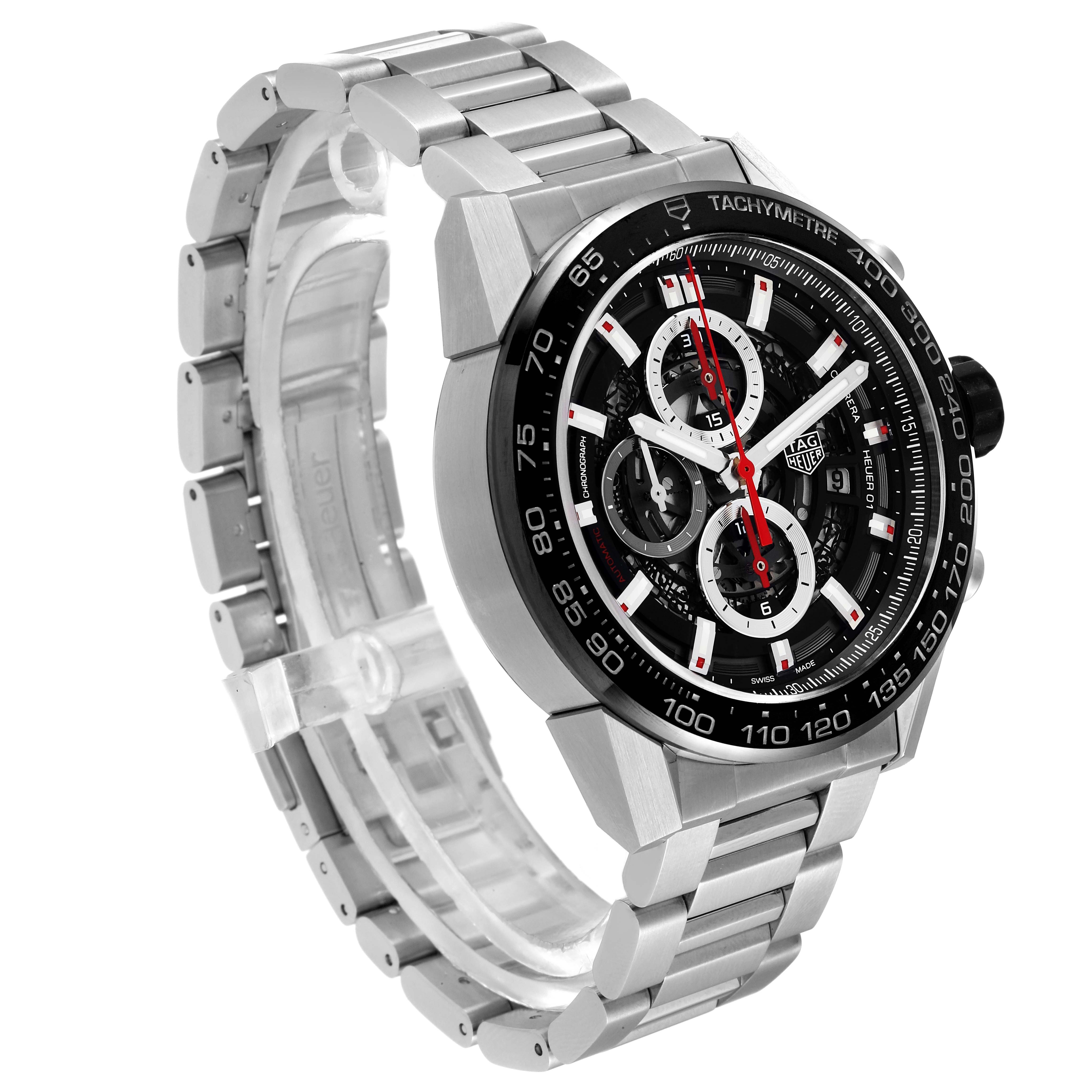The image shows a Tag Heuer Carrera CAR2A1W Men's Stainless Steel Transparent Dial CAR2A1W Men's Stainless Steel Transparent Dial watch at a three-quarter angle, highlighting its silver bracelet, tachymeter bezel, and dial.