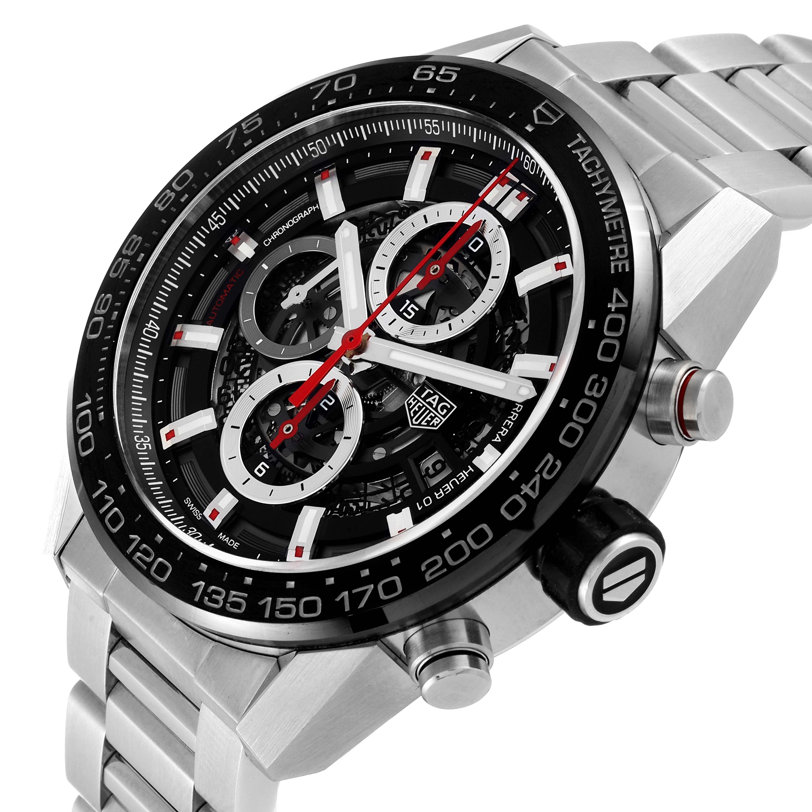 This image shows a close-up, angled view of a Tag Heuer Carrera CAR2A1W Men's Stainless Steel Transparent Dial CAR2A1W Men's Stainless Steel Transparent Dial watch, highlighting the face, bezel, and part of the metal strap.