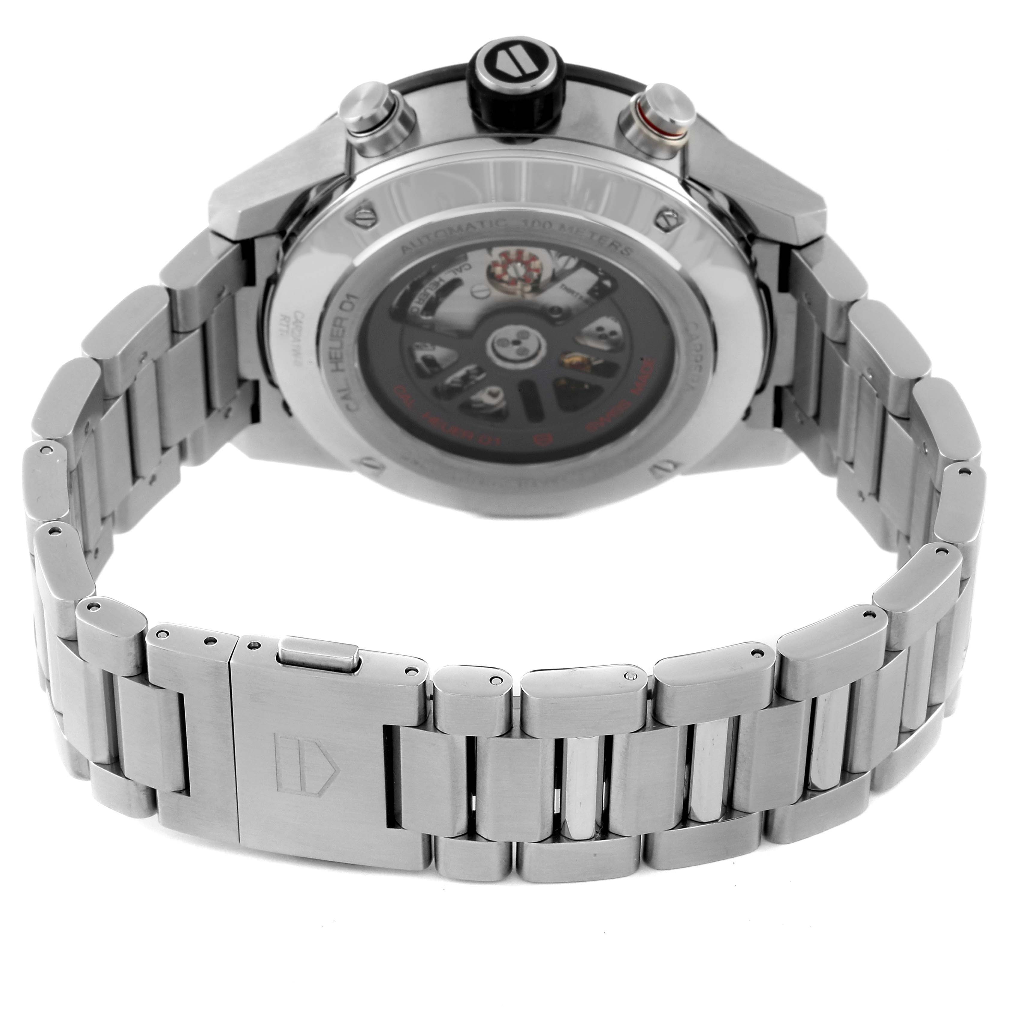 The image shows the back and side of a Tag Heuer Carrera CAR2A1W Men's Stainless Steel Transparent Dial CAR2A1W Men's Stainless Steel Transparent Dial watch with a stainless steel bracelet and visible movement.