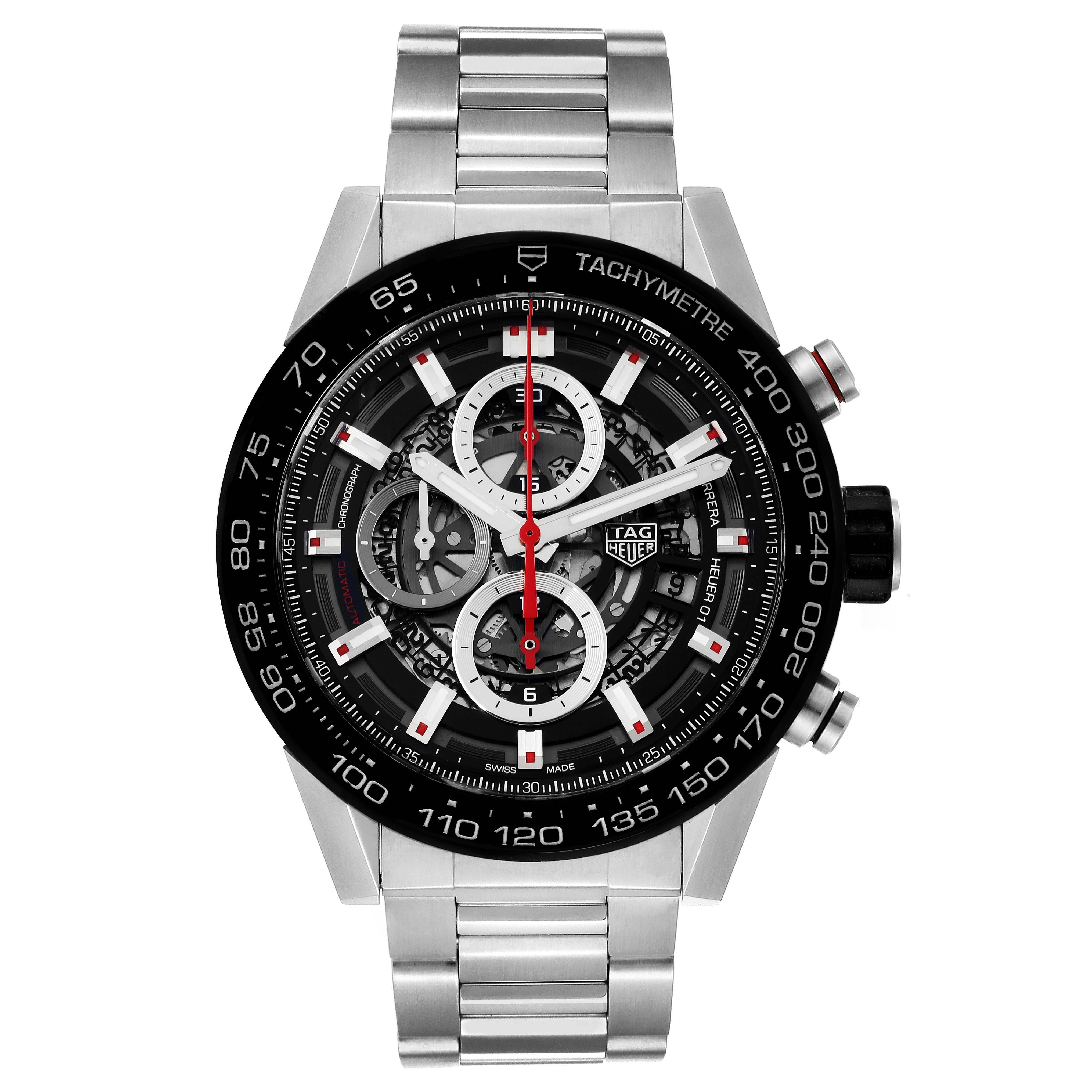 The image shows a front view of a Tag Heuer Carrera CAR2A1W Men's Stainless Steel Transparent Dial CAR2A1W Men's Stainless Steel Transparent Dial watch, highlighting its dial, bezel, and metal bracelet.