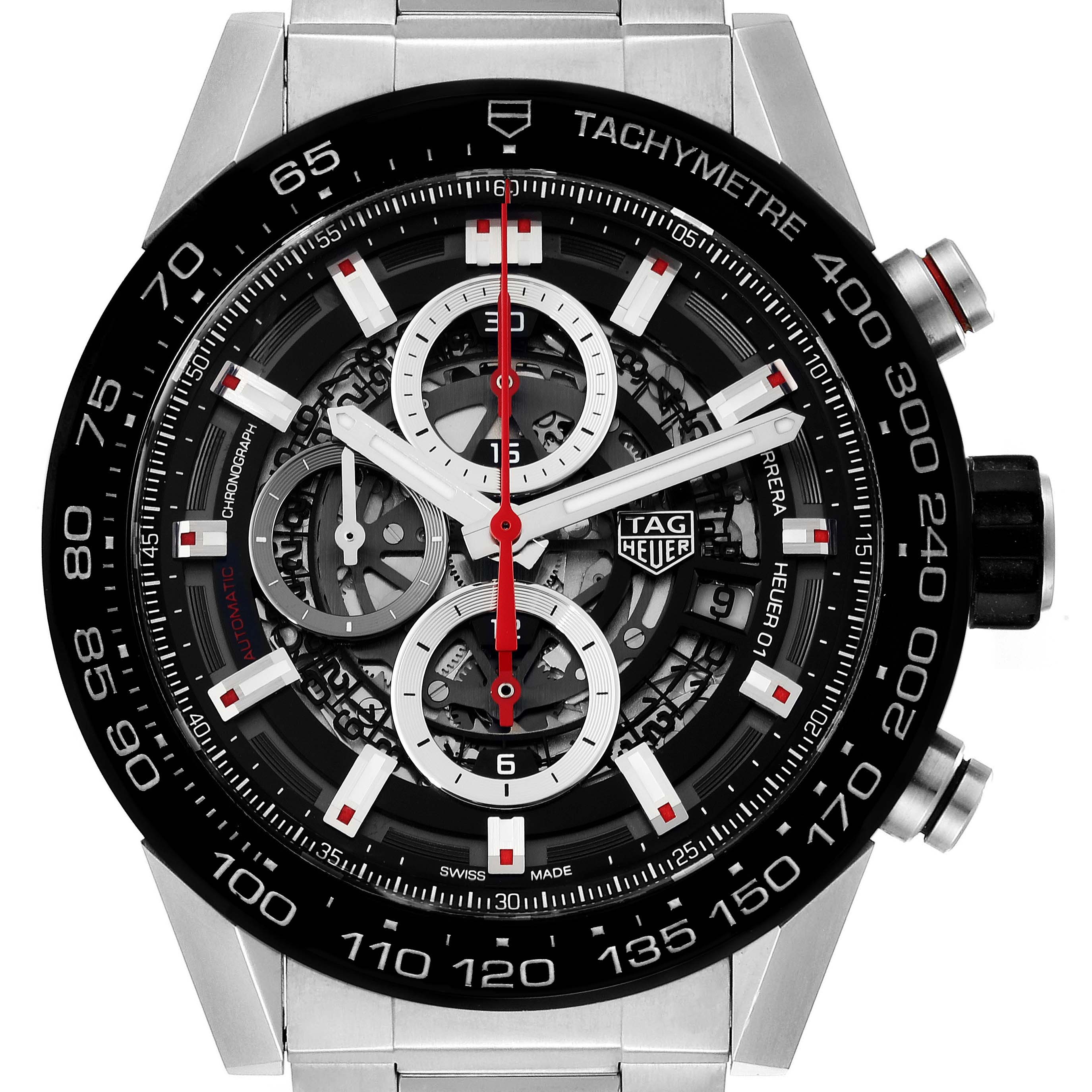 The image shows a close-up of the face and bezel of a Tag Heuer Carrera CAR2A1W Men's Stainless Steel Transparent Dial CAR2A1W Men's Stainless Steel Transparent Dial watch, highlighting the chronograph dials and tachymeter scale.