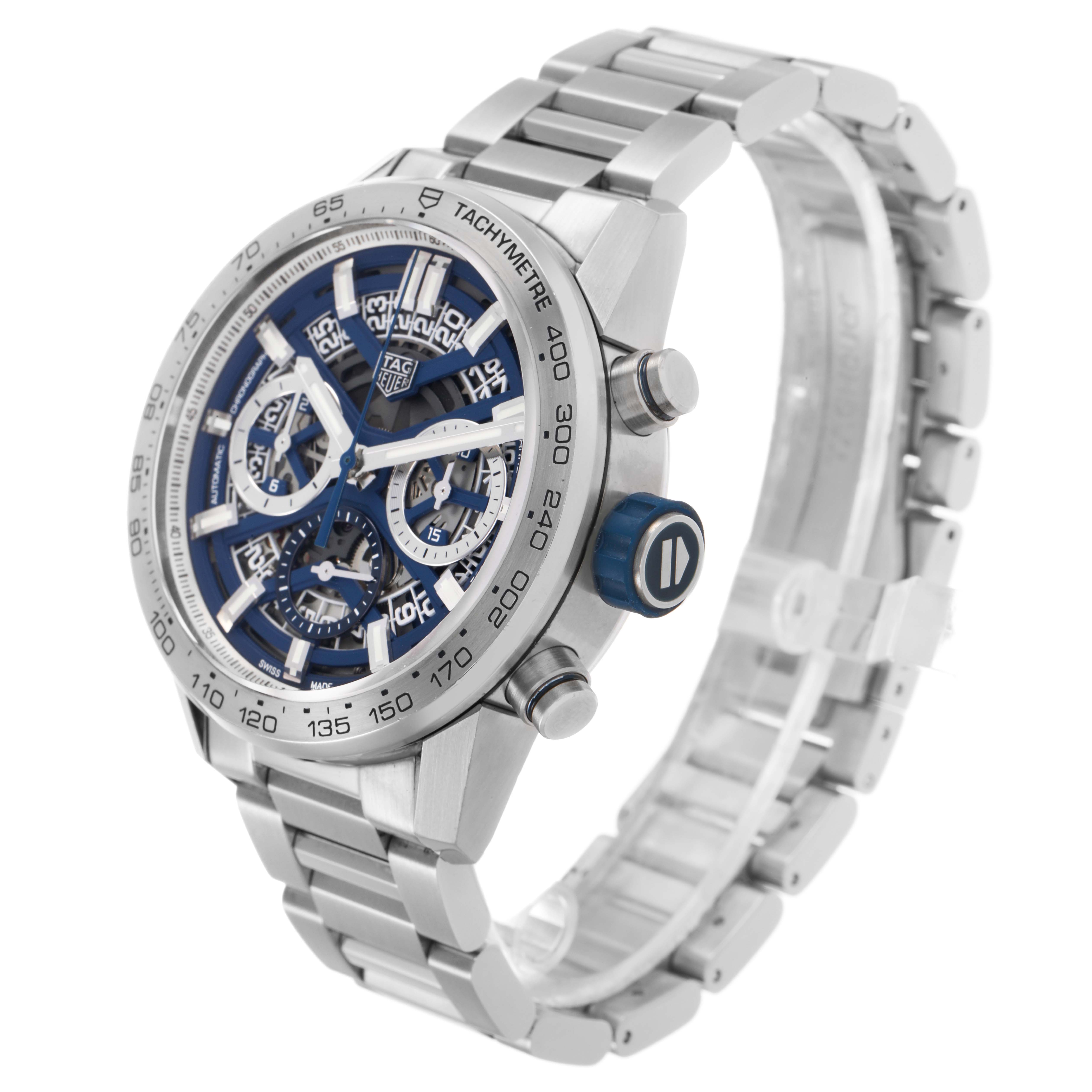 The Tag Heuer Carrera CBG2019.BA0662 Men's Stainless Steel Blue Dial watch is shown at a three-quarter angle, highlighting the tachymeter bezel, crown, and stainless steel bracelet.