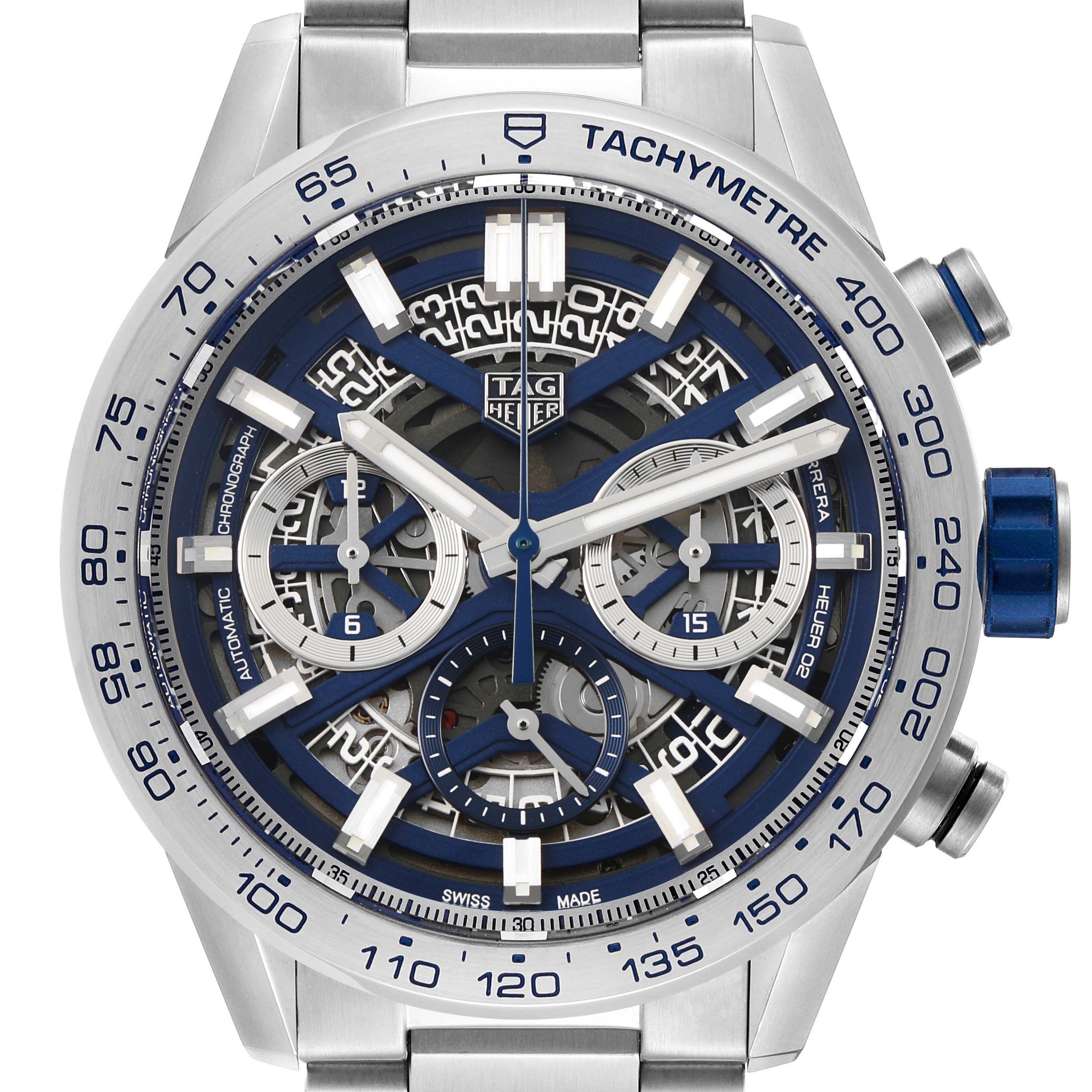 The Tag Heuer Carrera CBG2019.BA0662 Men's Stainless Steel Blue Dial watch is shown from the front, highlighting its intricate dial, chronograph subdials, and tachymeter bezel.