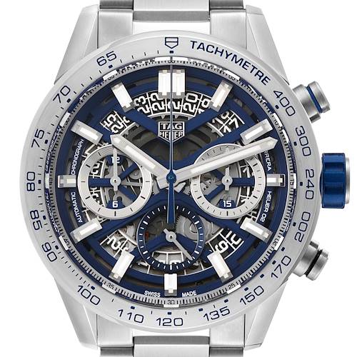 The Tag Heuer Carrera CBG2019.BA0662 Men's Stainless Steel Blue Dial watch is shown from the front, highlighting its dial, tachymeter bezel, and chronograph subdials.