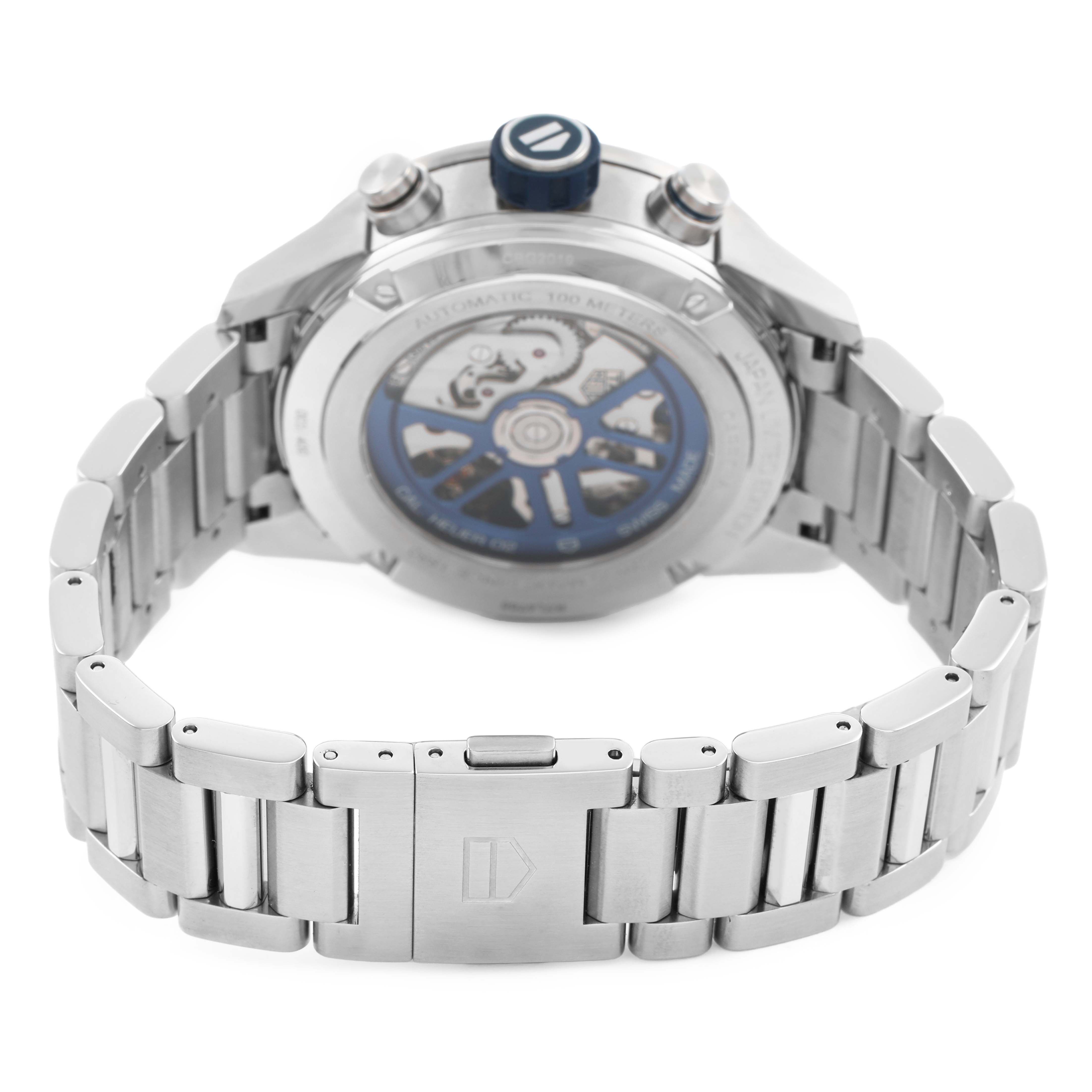 The Tag Heuer Carrera CBG2019.BA0662 Men's Stainless Steel Blue Dial watch is shown from the back, highlighting the case back, crown, pushers, and stainless steel bracelet.