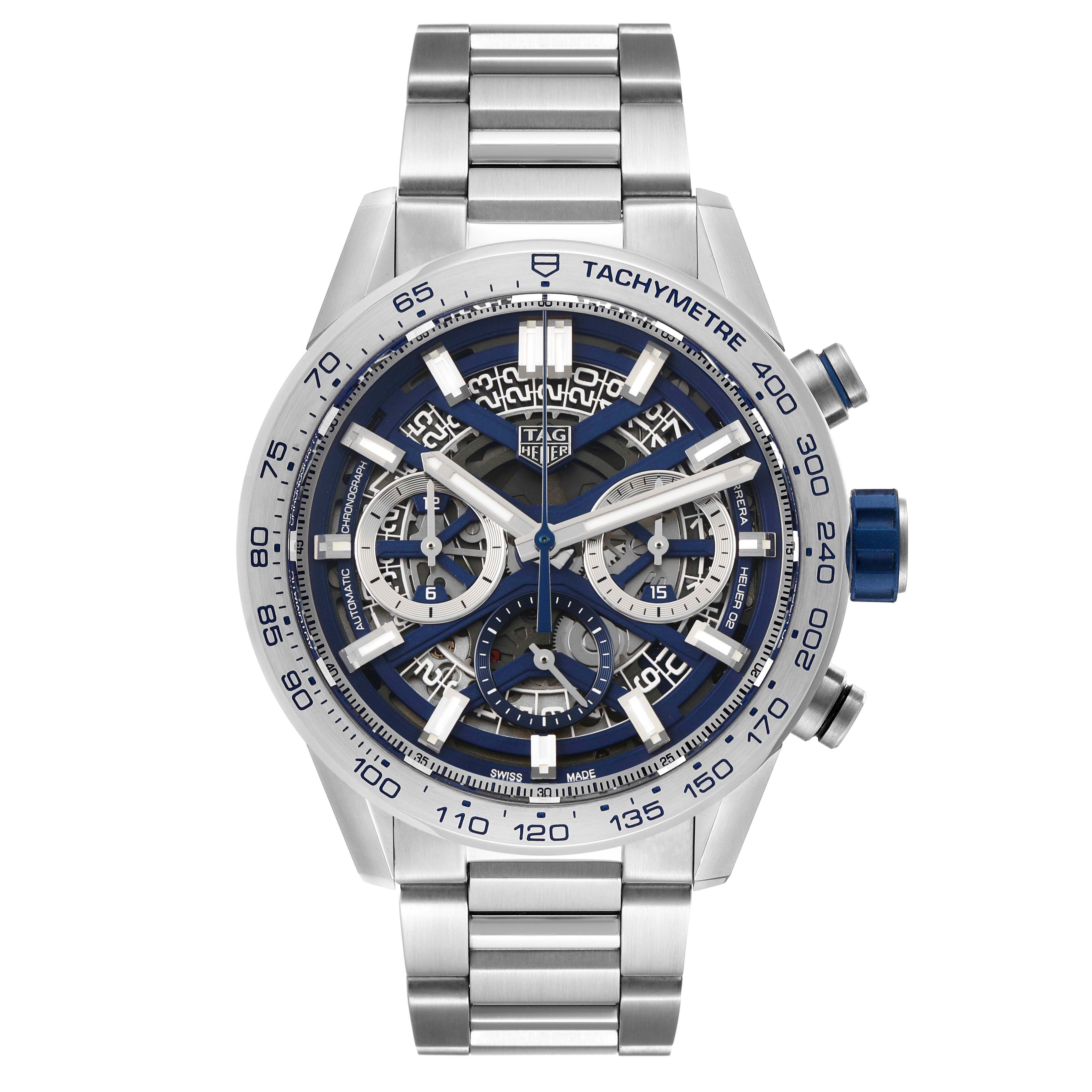 The image shows a Tag Heuer Carrera CBG2019.BA0662 Men's Stainless Steel Blue Dial watch from the front, highlighting the blue chronograph, tachymeter, and stainless steel bracelet.