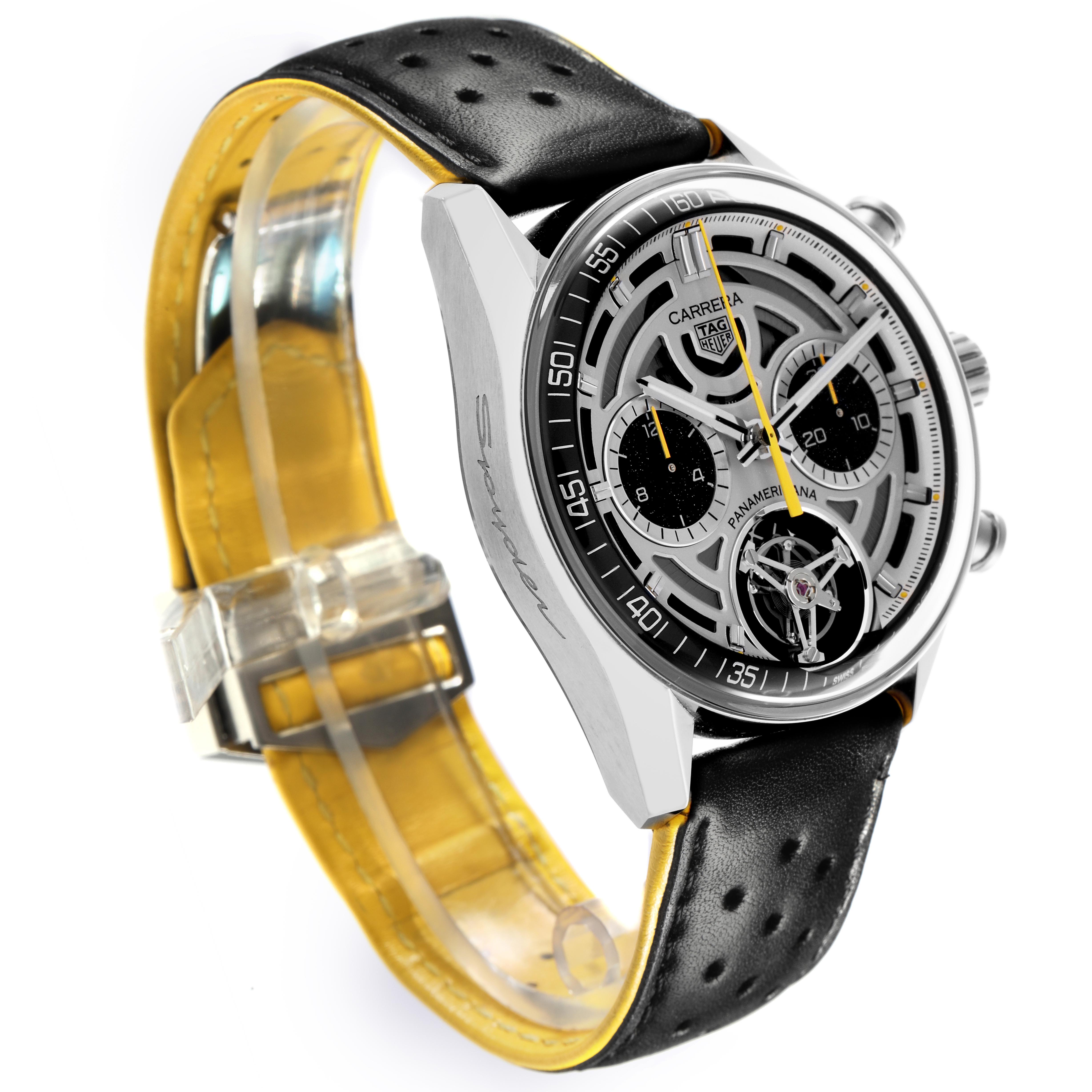 The Tag Heuer Carrera Limited Edition is shown at a three-quarter angle, highlighting the intricate dial and leather strap.