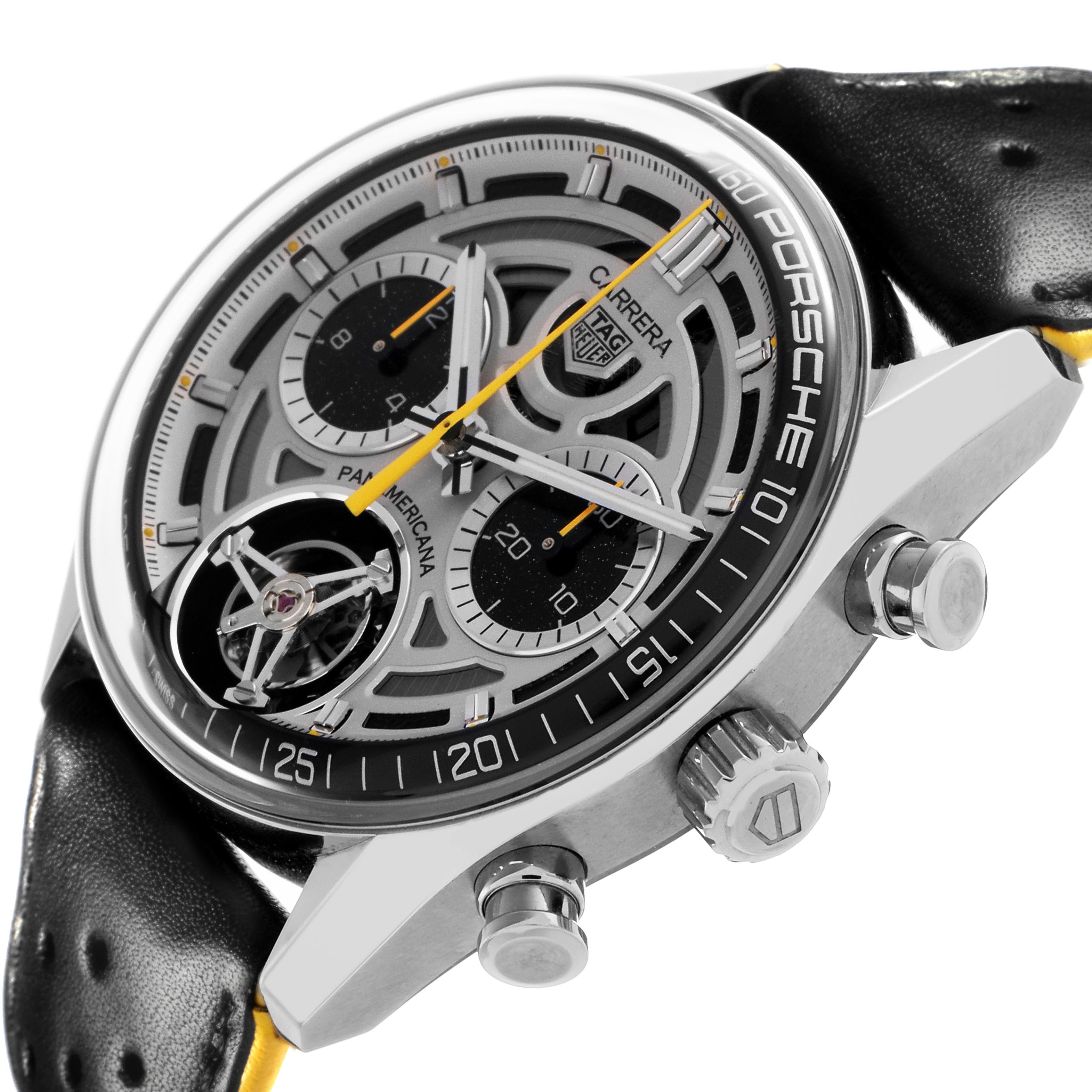 The Tag Heuer Carrera Limited Edition watch is shown at a side angle, highlighting the dial, subdials, crown, and leather strap.