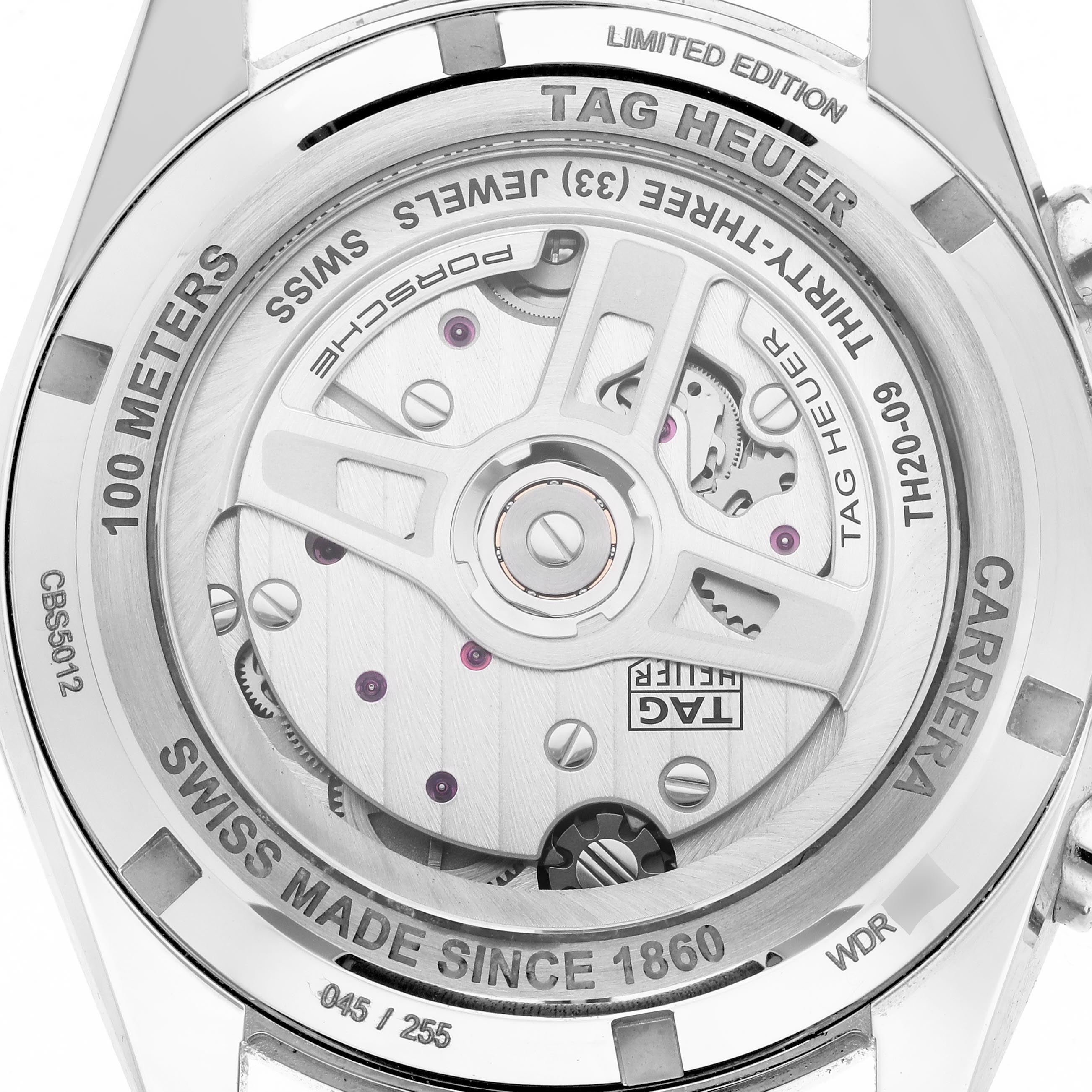 The image shows the back view of the Tag Heuer Carrera Limited Edition, highlighting the movement and inscriptions.