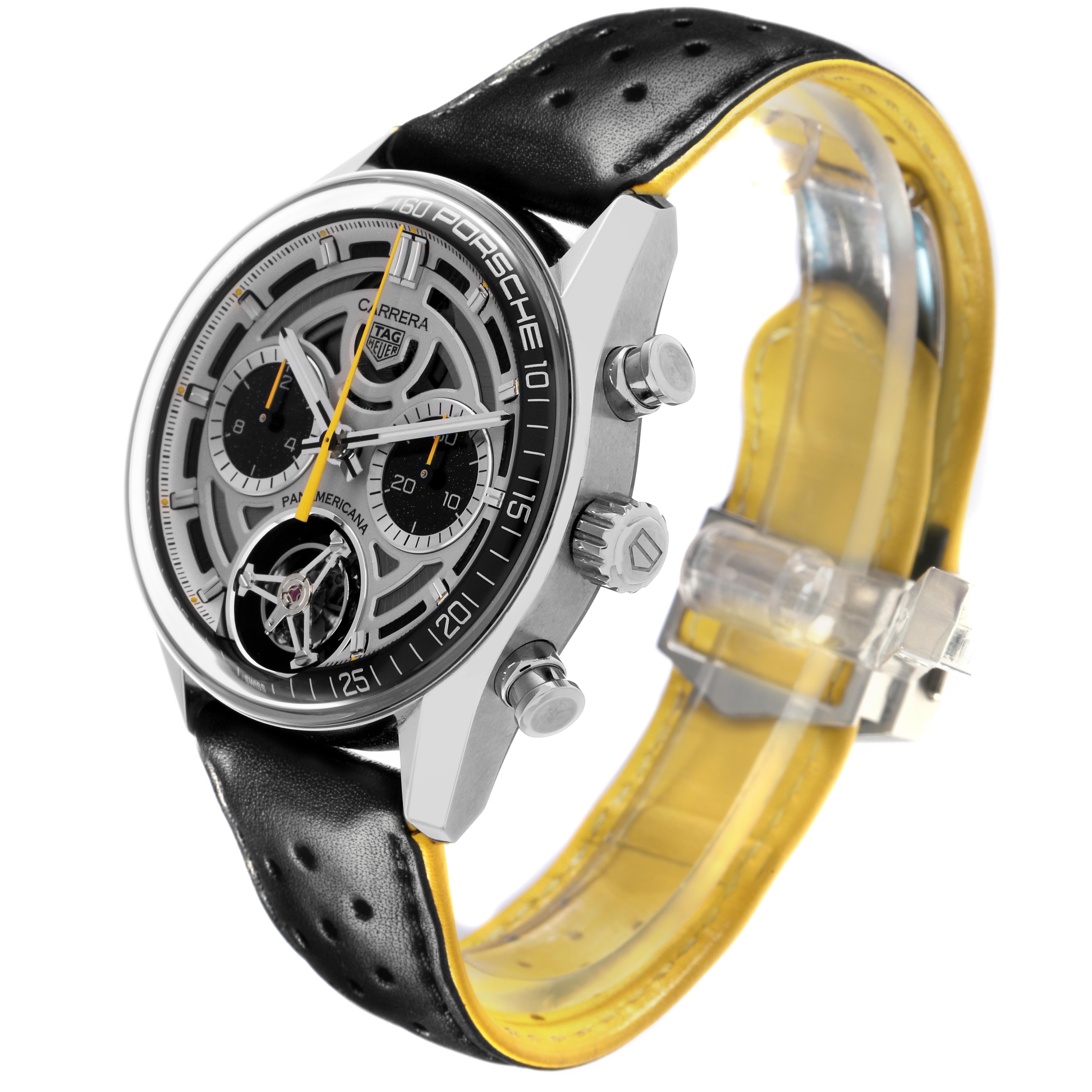 The watch is shown at an angled side view displaying the dial, case, bezel, crown, pushers, and perforated strap with a buckle.