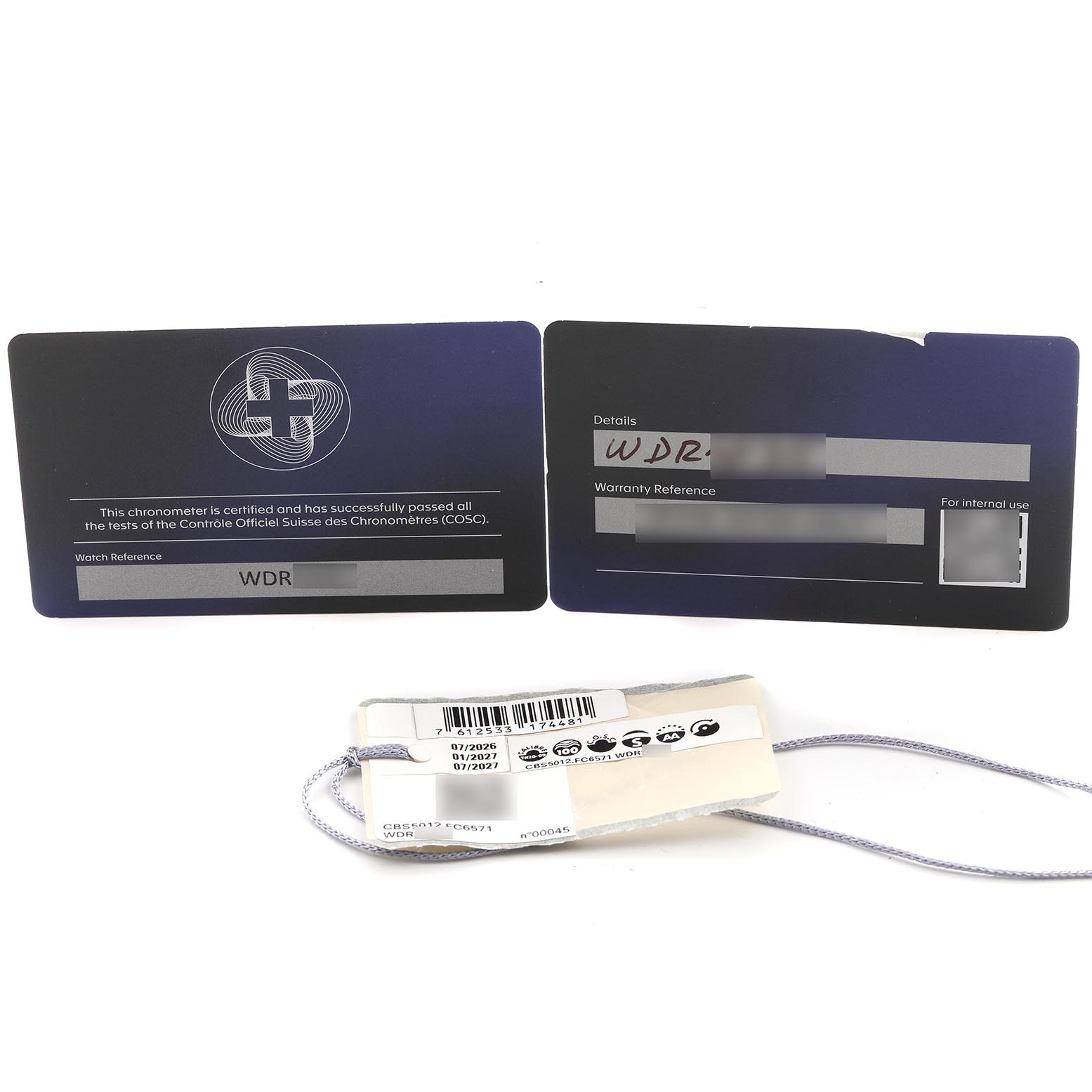 The image shows warranty and certification cards along with a tag for the Tag Heuer Limited Edition CBS5012.FC6571 Men
s Stainless Steel Silver Dial CBS5012.FC6571 Men
s Stainless Steel Silver Dial model.