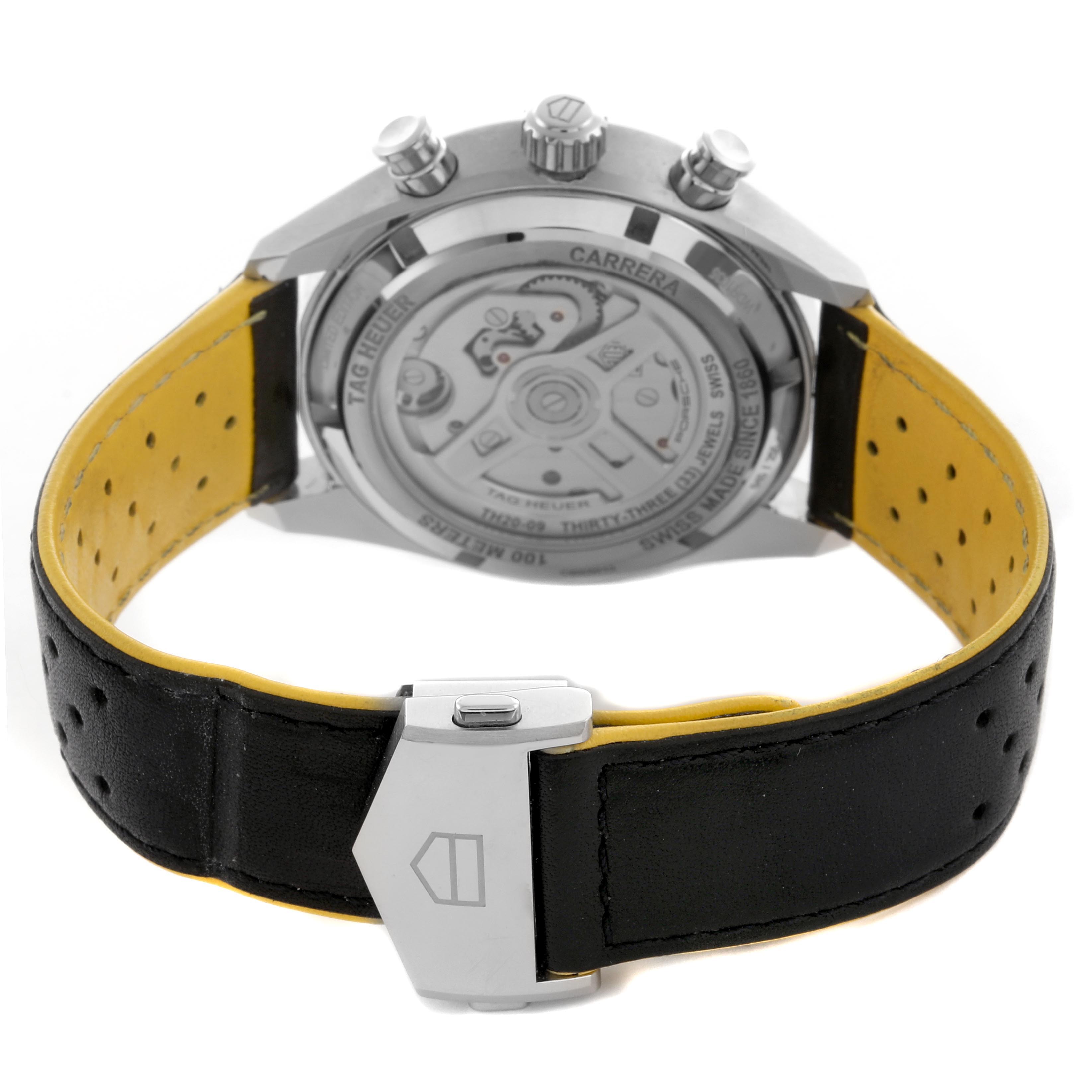 The image shows the back of the Tag Heuer Carrera Limited Edition, highlighting the strap and deployment clasp.