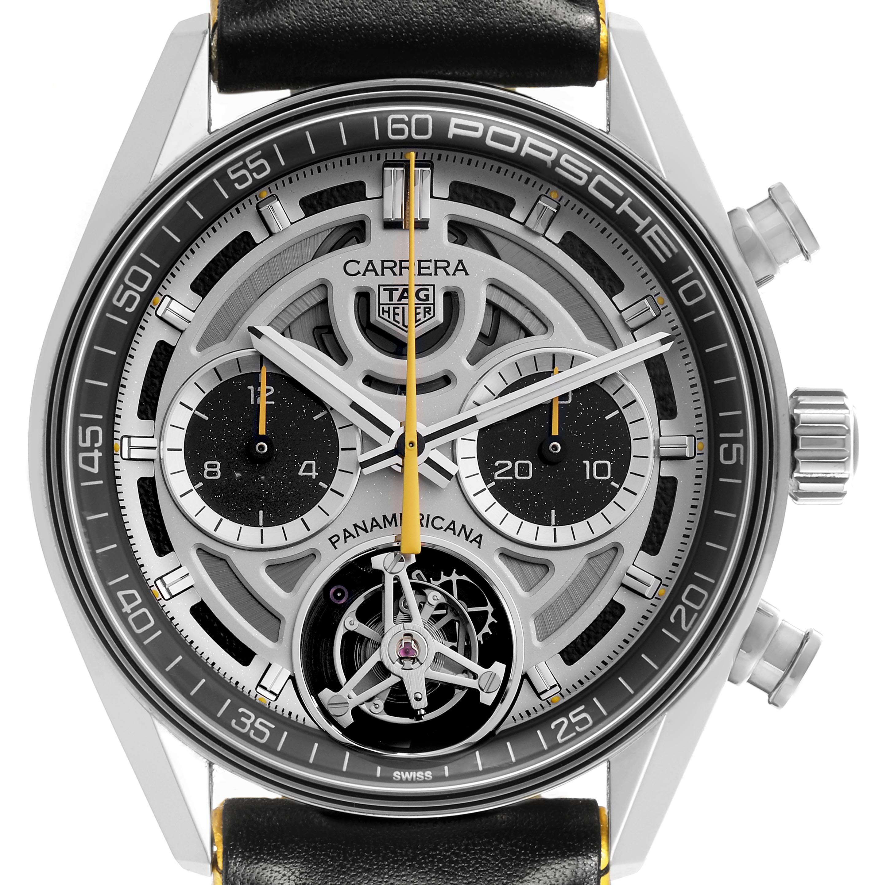 The image shows a frontal view of the Tag Heuer Carrera Panamericana Limited Edition watch, highlighting its dial and chronograph features.