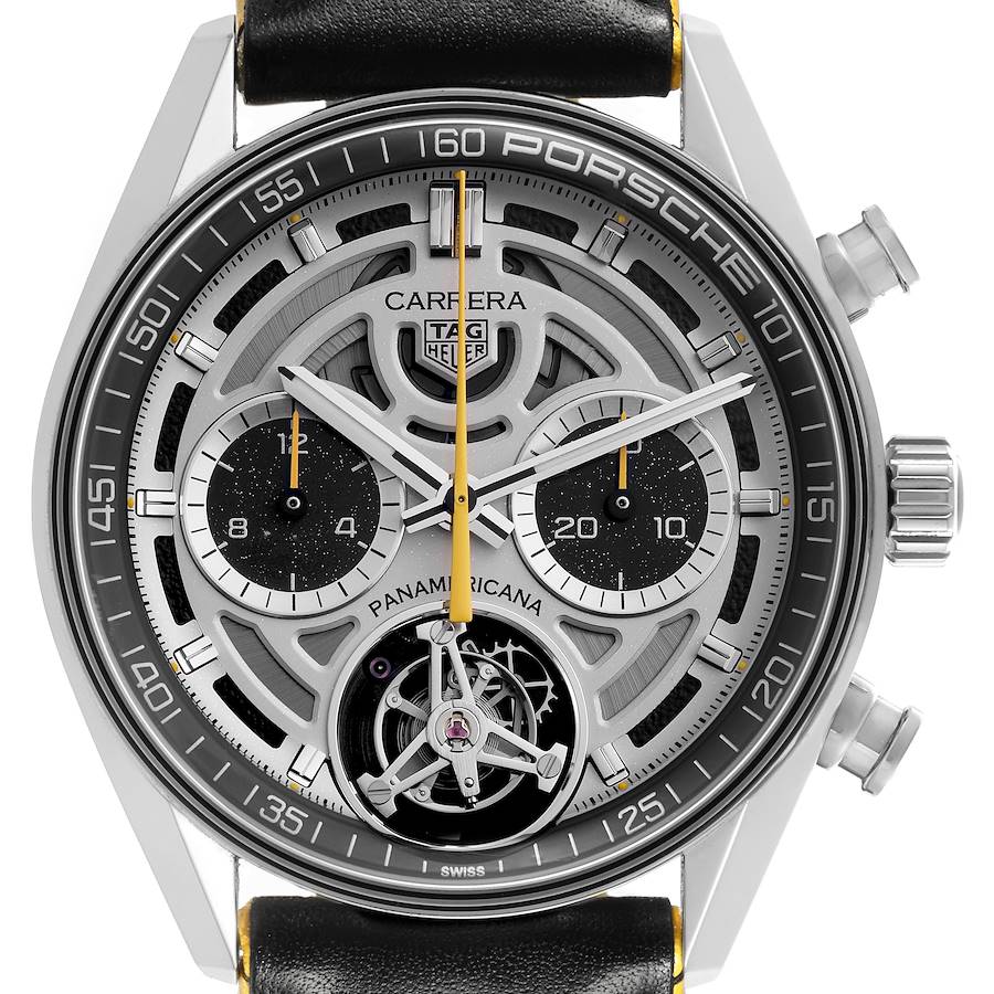 The image shows a frontal view of the Tag Heuer Carrera Panamericana Limited Edition watch, highlighting its dial and chronograph features.
