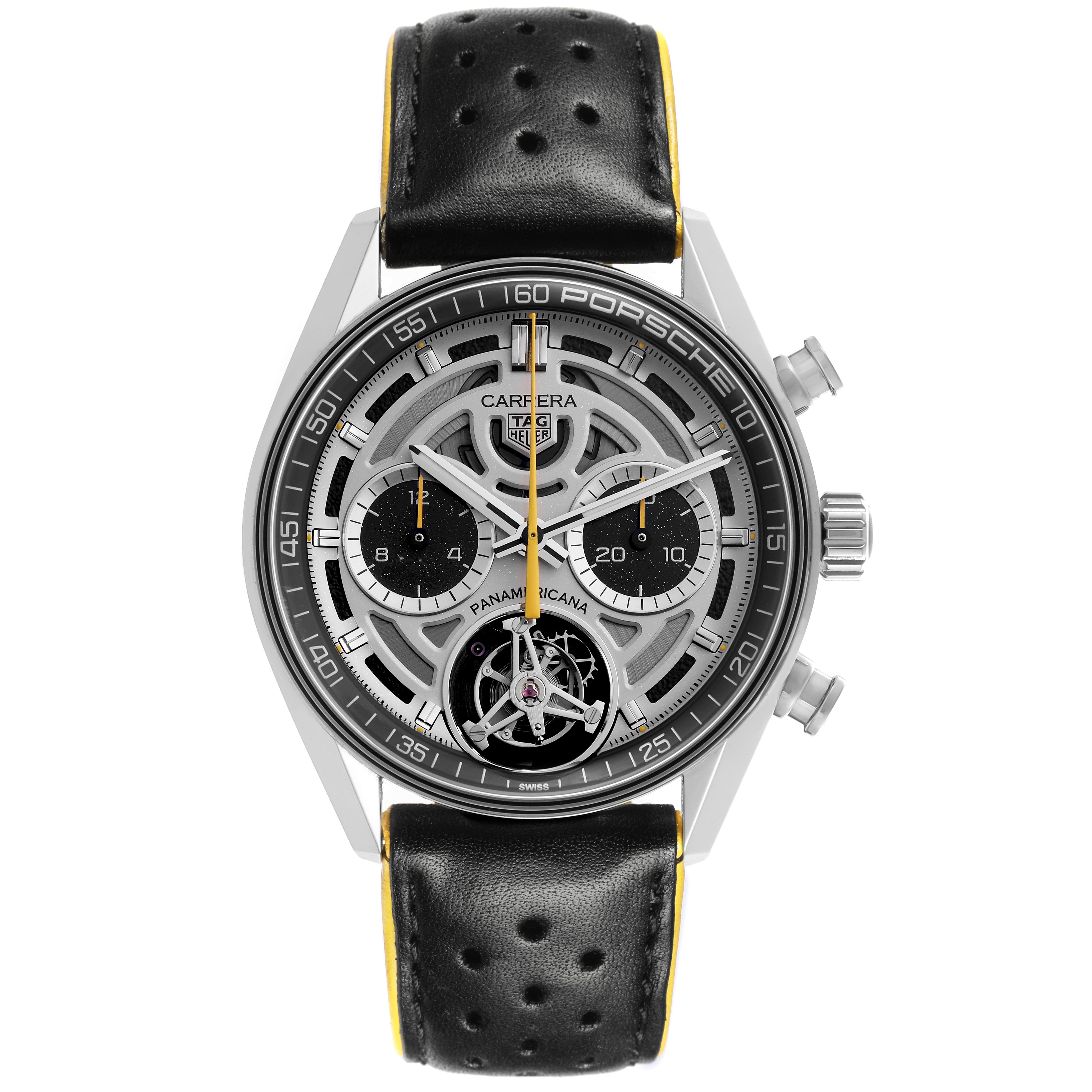 The Tag Heuer Carrera Limited Edition watch is shown from a front angle, displaying its face, chronograph dials, and leather strap.