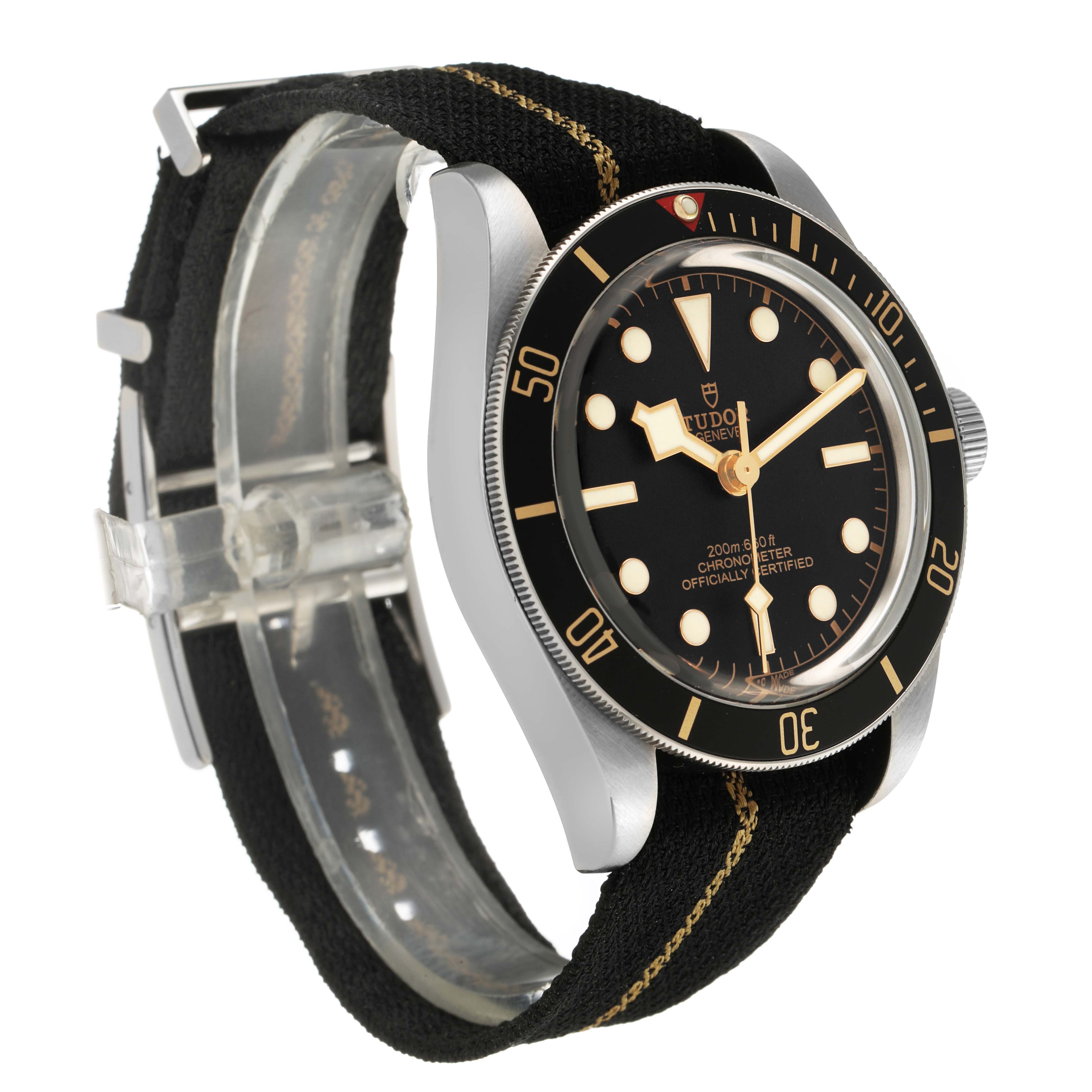 The image shows a Tudor Heritage Black Bay 79030 Men's Stainless Steel Black Dial watch from a three-quarter angle, highlighting the bezel, face, lugs, and strap.