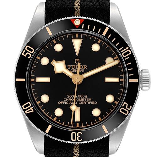 The Tudor Heritage Black Bay 79030 Men's Stainless Steel Black Dial is shown from the front, highlighting its bezel, dial, hands, and crown.