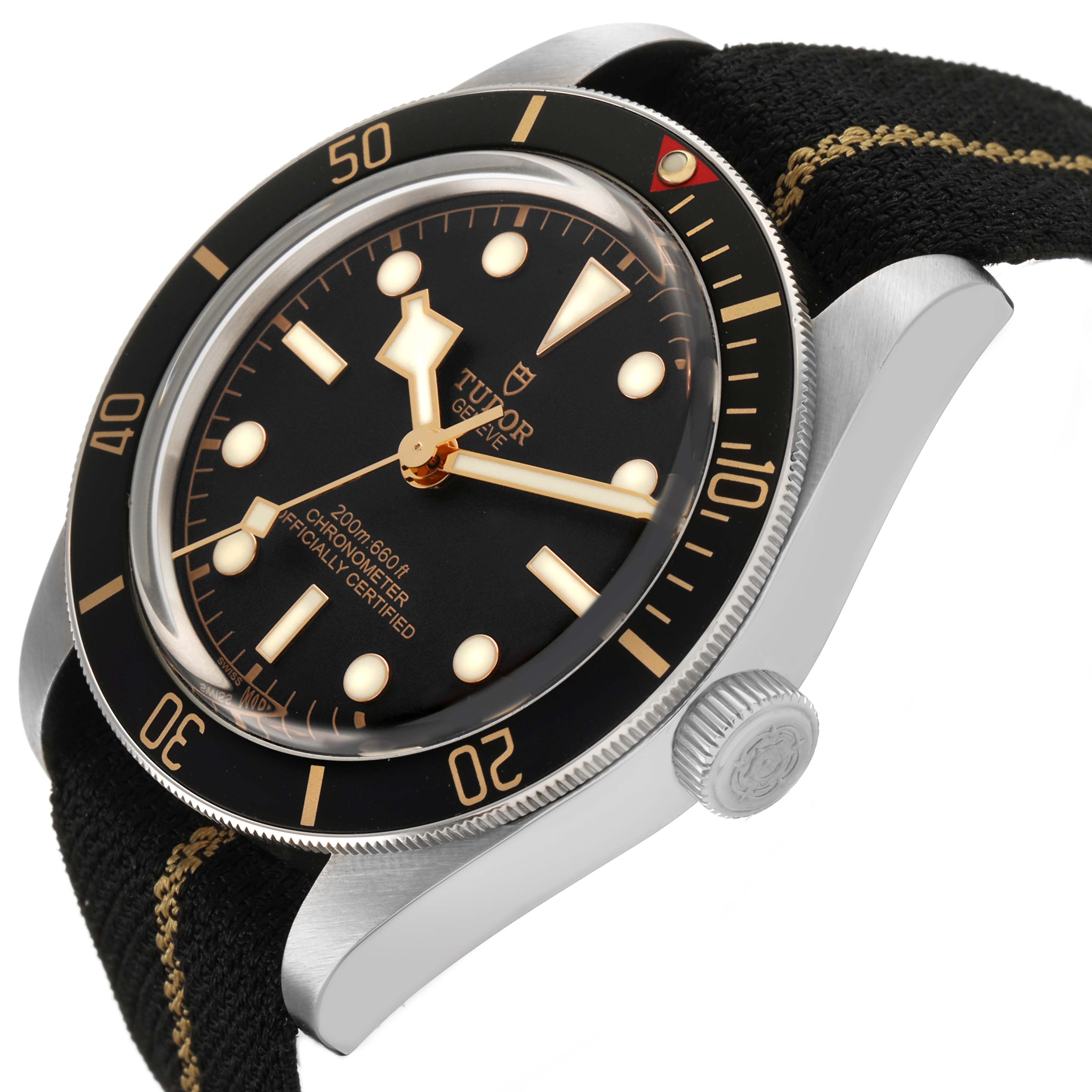 The Tudor Heritage Black Bay 79030 Men's Stainless Steel Black Dial watch is shown from a side angle, highlighting the bezel, dial, case, and crown.