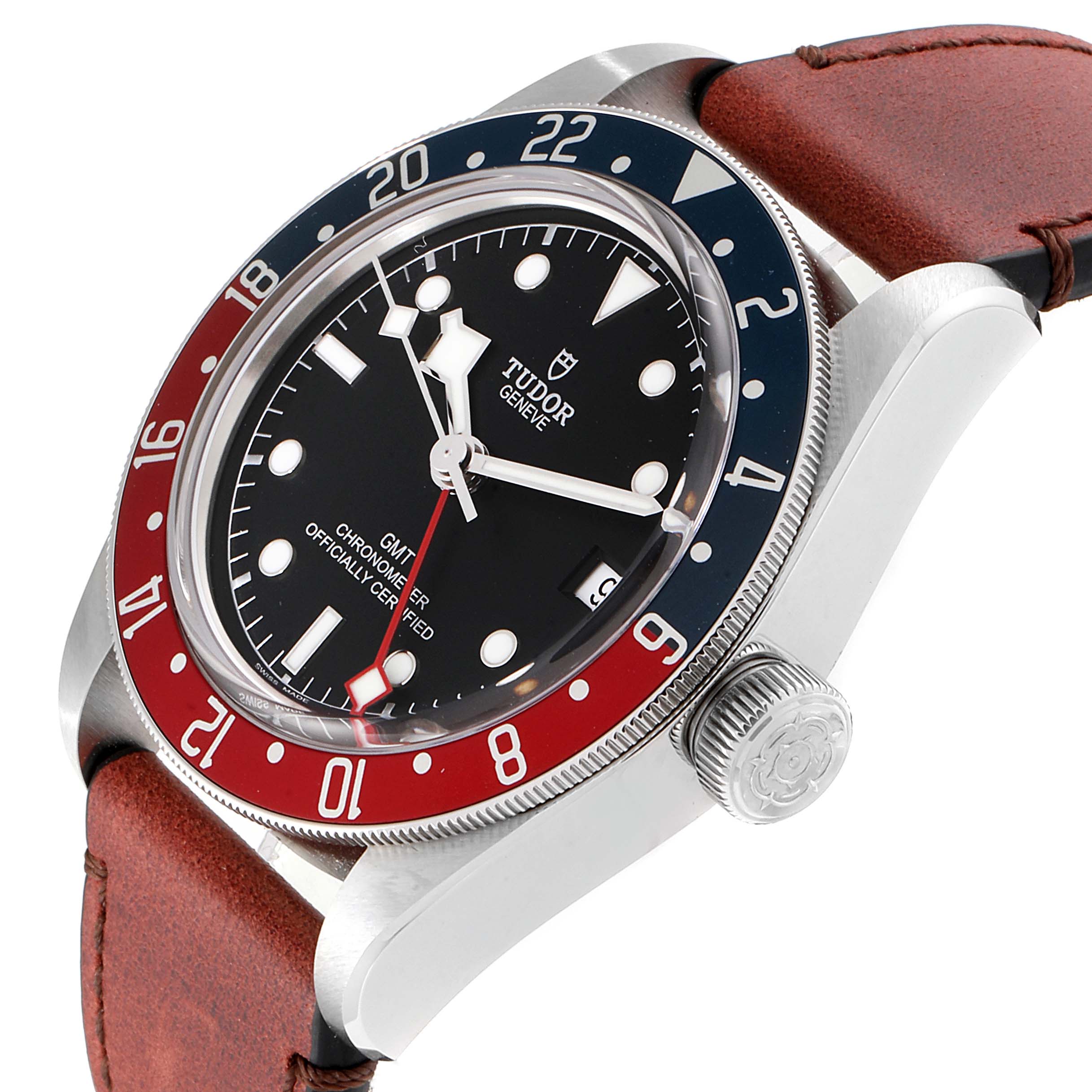 The Tudor Heritage Black Bay 79830RB Men
s Stainless Steel Black Dial 79830RB Men
s Stainless Steel Black Dial watch is displayed at a slight angle, showing its dial, bezel, crown, and leather strap.