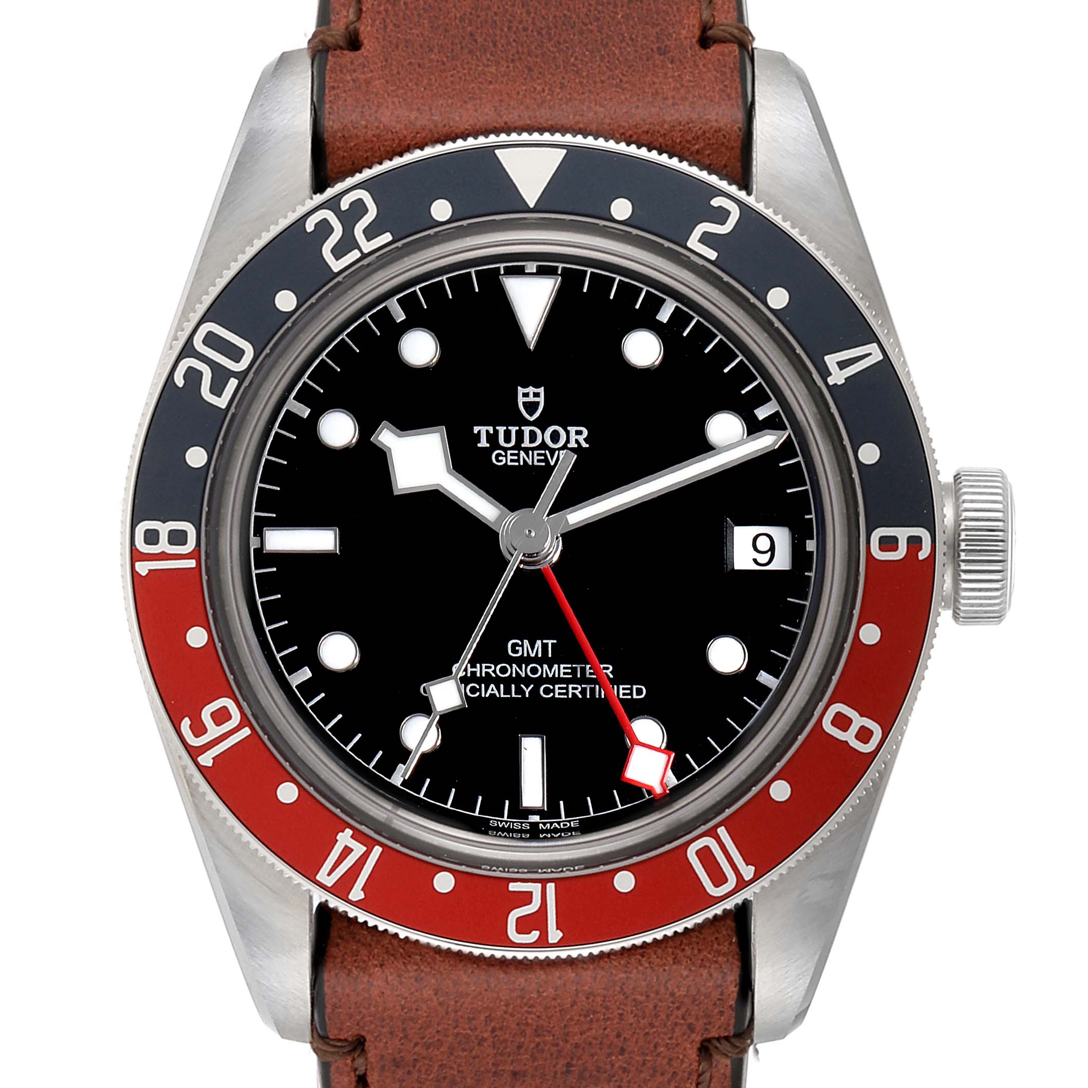 The image shows a front view of the Tudor Heritage Black Bay 79830RB Men
s Stainless Steel Black Dial 79830RB Men
s Stainless Steel Black Dial watch with its brown leather strap and two-tone bezel.