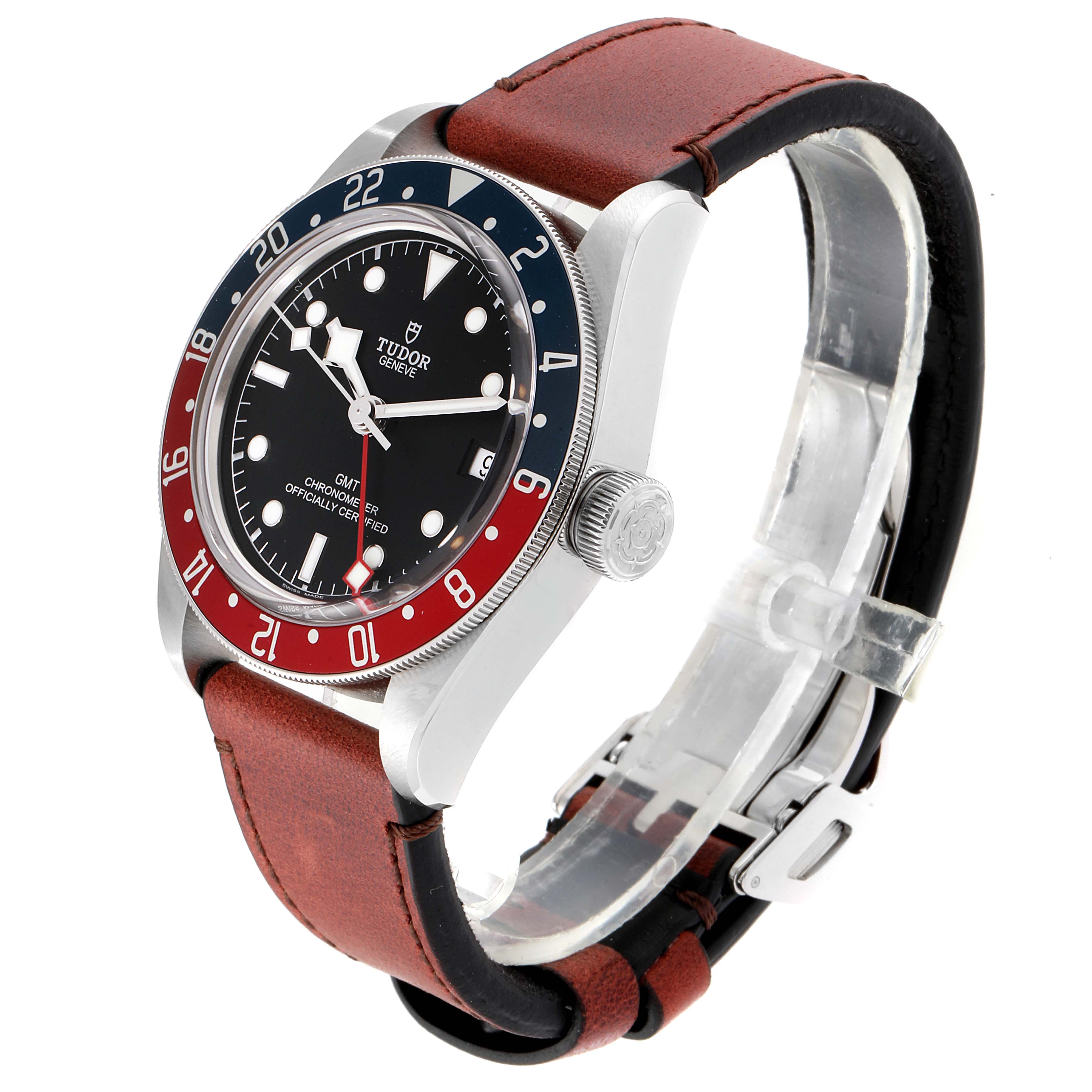 The Tudor Heritage Black Bay 79830RB Men
s Stainless Steel Black Dial 79830RB Men
s Stainless Steel Black Dial watch is shown at an angled view, highlighting its dial, case, bezel, and leather strap.