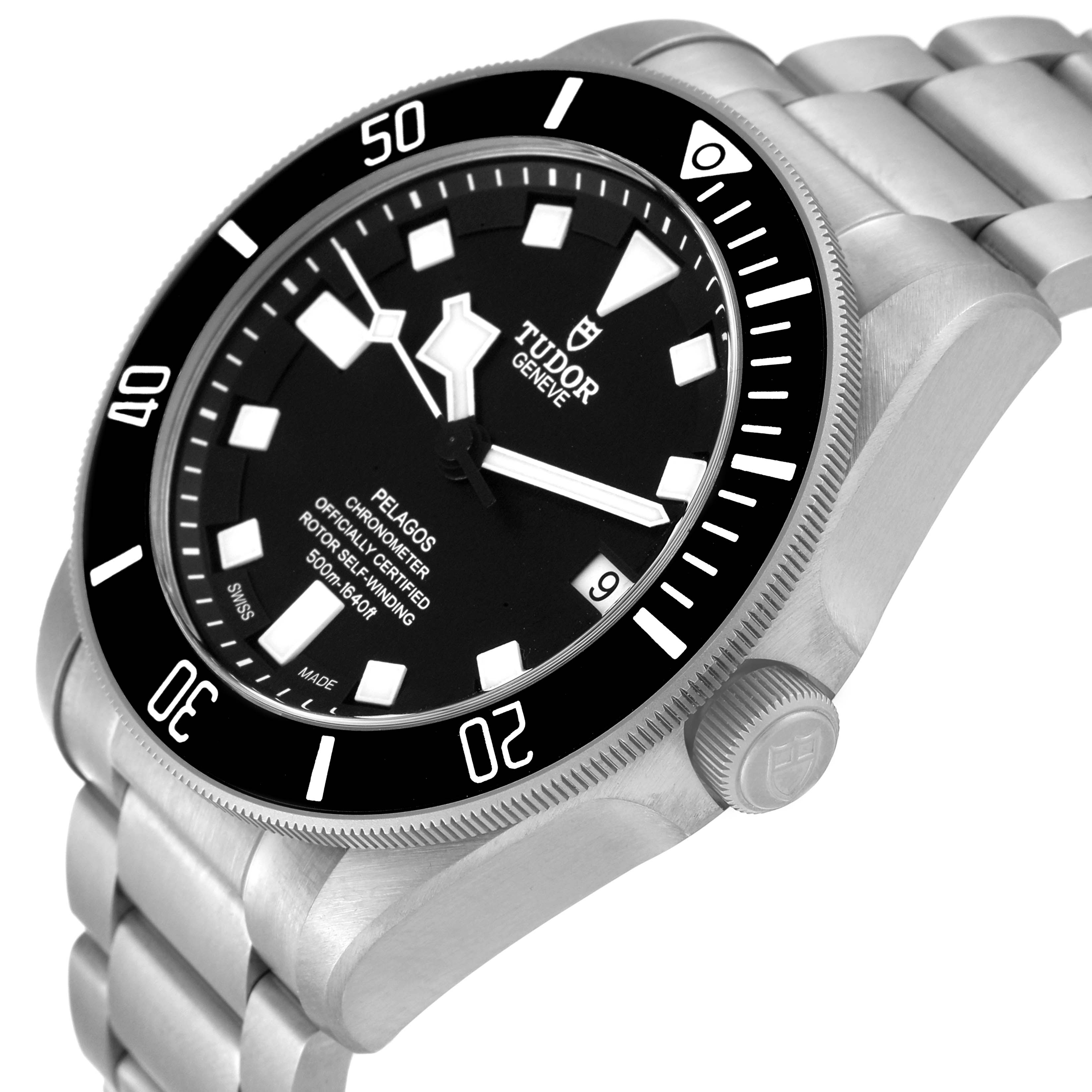 The image shows the Tudor Pelagos M25600TN-0001 Men
s Titanium Black Dial M25600TN-0001 Men
s Titanium Black Dial watch face, bezel, and part of the metal bracelet at a slight side angle.