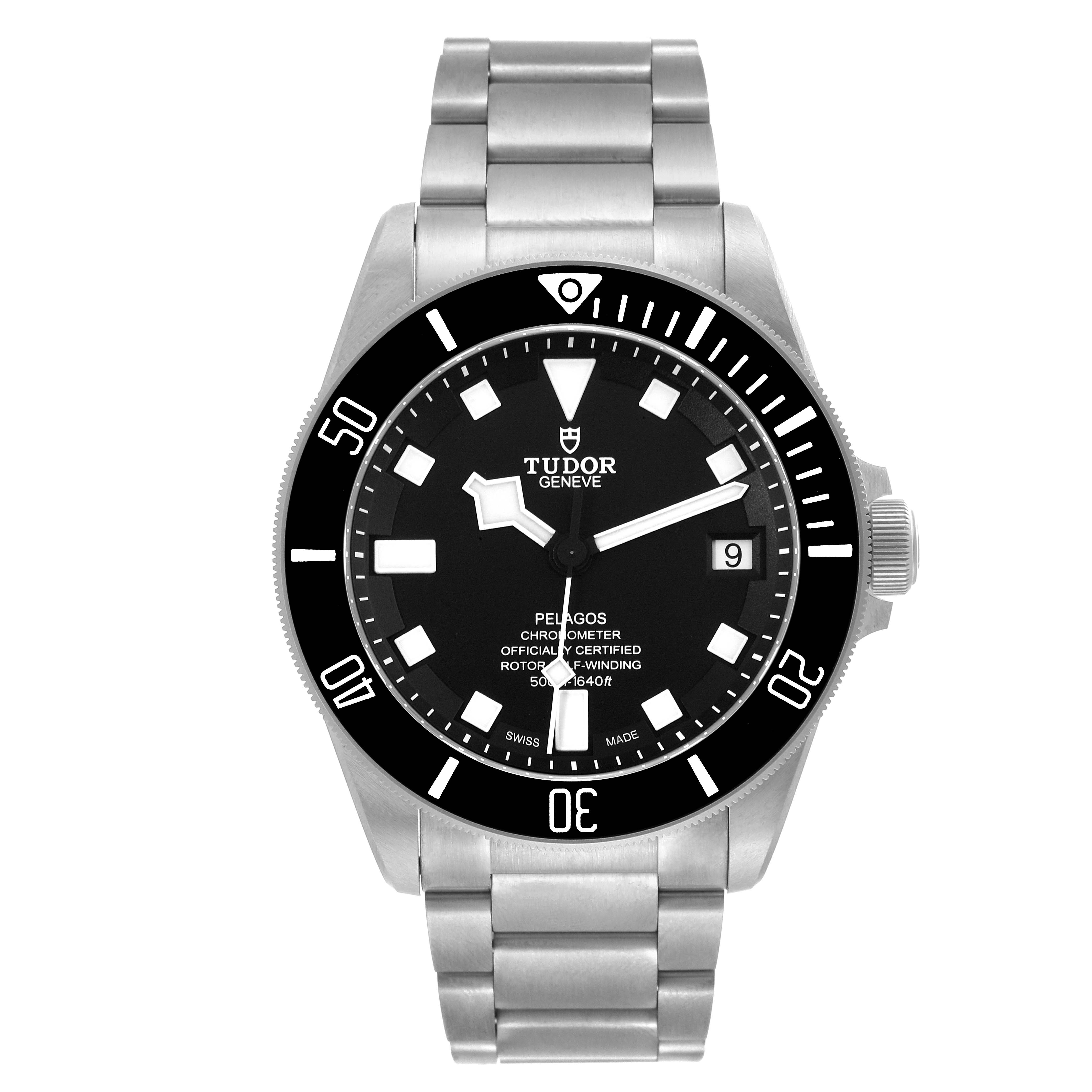 The image shows a front view of the Tudor Pelagos M25600TN-0001 Men
s Titanium Black Dial M25600TN-0001 Men
s Titanium Black Dial watch, displaying its face, bezel, and metal bracelet.
