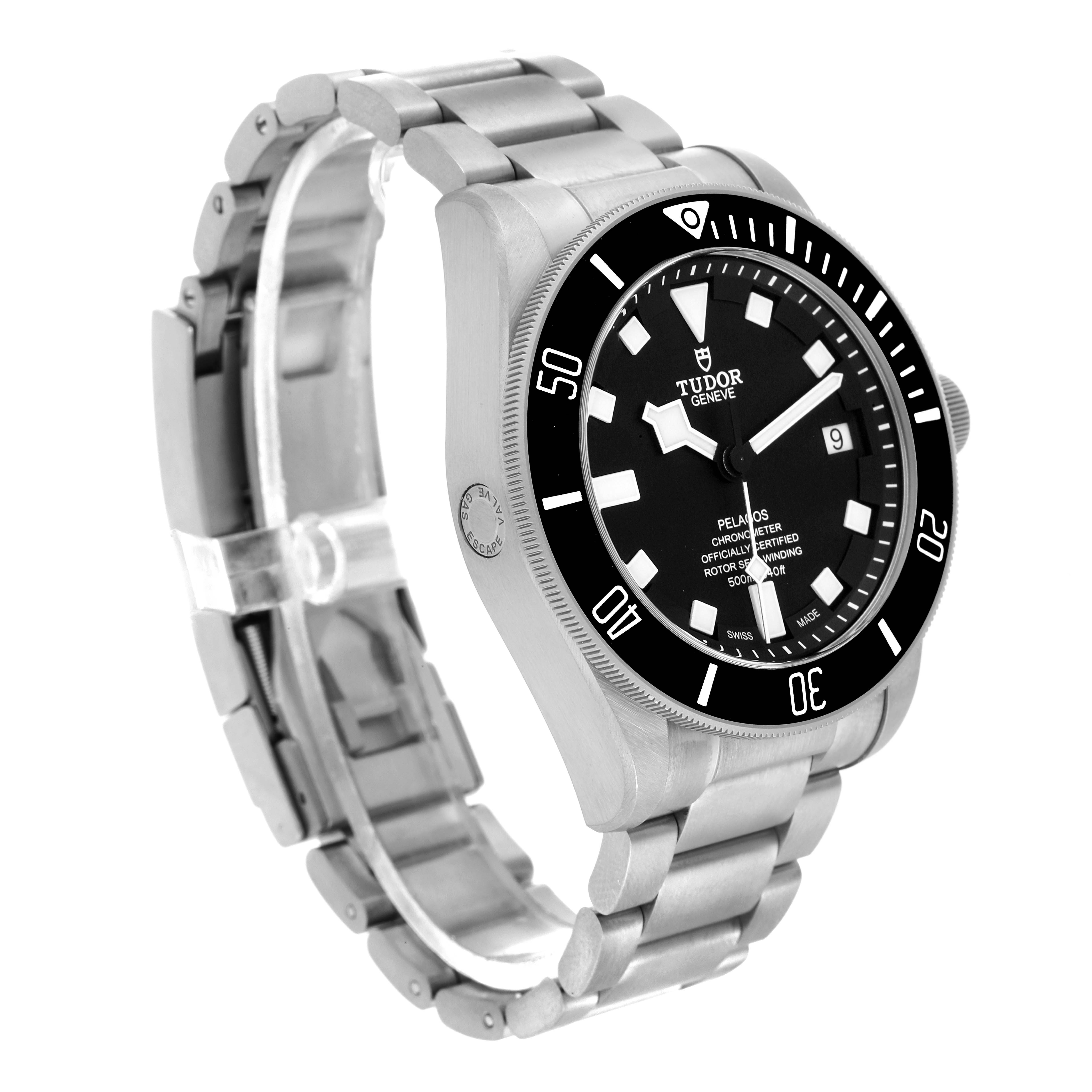 This image shows the Tudor Pelagos M25600TN-0001 Men
s Titanium Black Dial M25600TN-0001 Men
s Titanium Black Dial watch at a three-quarter angle, highlighting the face, bezel, crown, and metal bracelet.